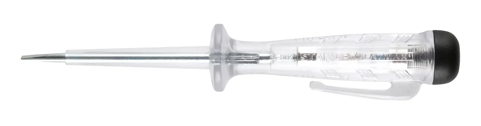 Stanley FMHT0-64985 voltage tester with clear handle and metal tip shown on a white background.