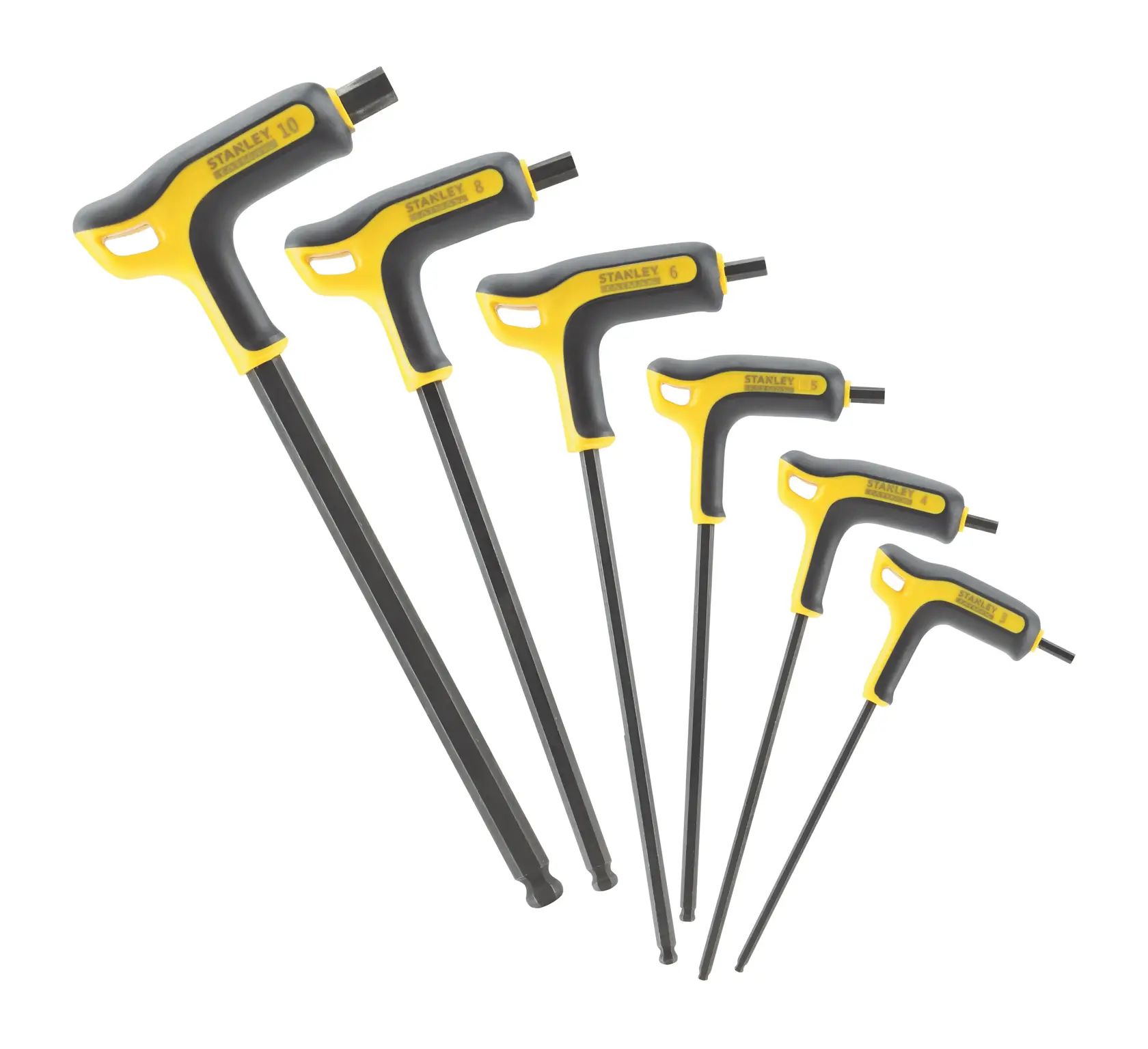 Stanley T-handle hex key set with yellow and black grips, shown in six different sizes.