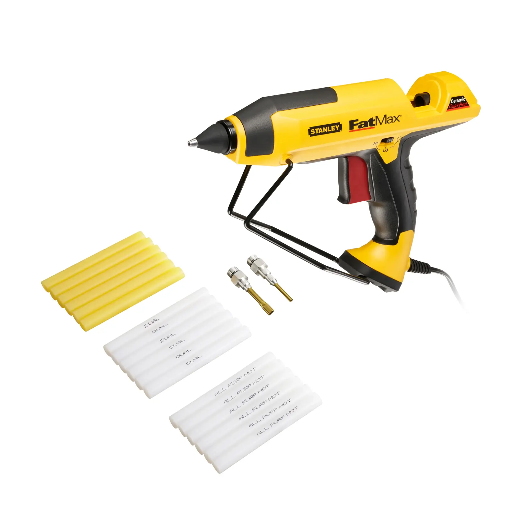 STANLEY FMHT0-70418 FatMax glue gun set with yellow and white glue sticks, nozzles, front angle.