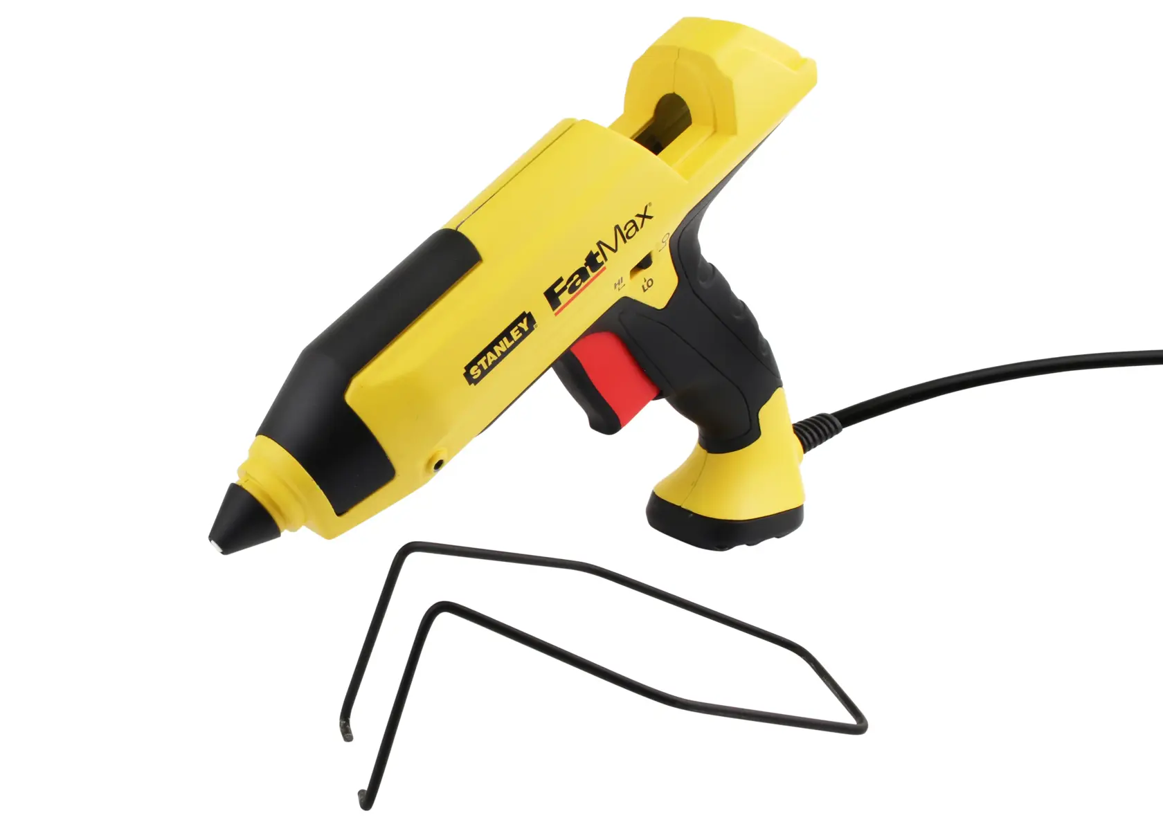 Stanley FatMax yellow and black hot glue gun with a metal stand, shown on a white background.