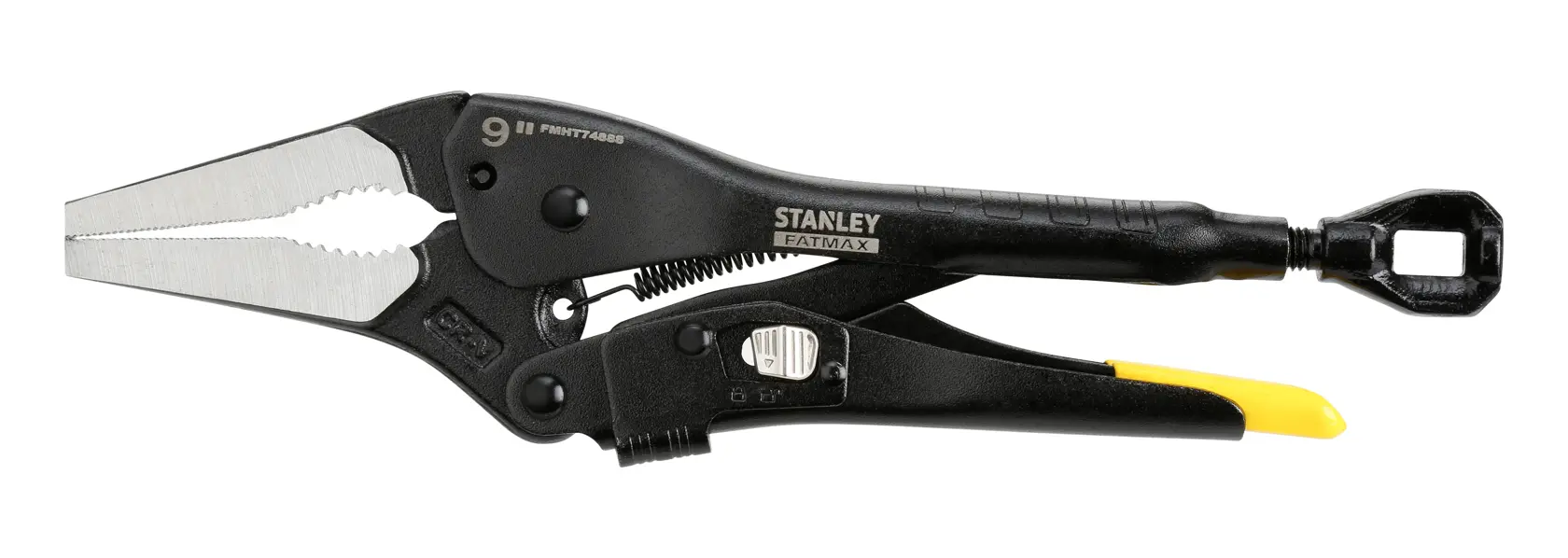 Stanley Fatmax 9 inch locking pliers with a black handle and yellow tip, suitable for gripping or clamping objects.
