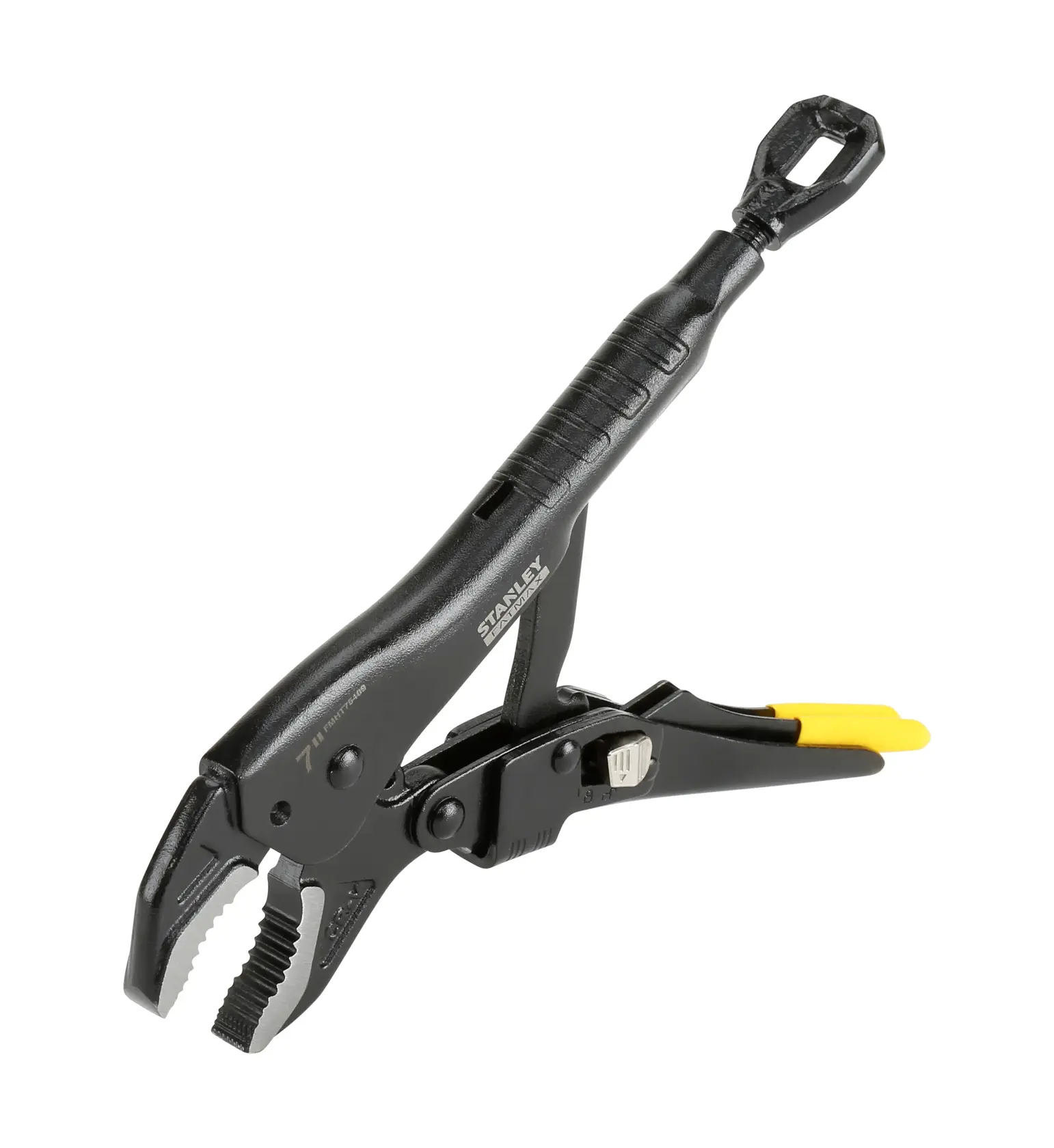 STANLEY FMHT0-75409 locking pliers, black metal with yellow accents, side angle on white background.