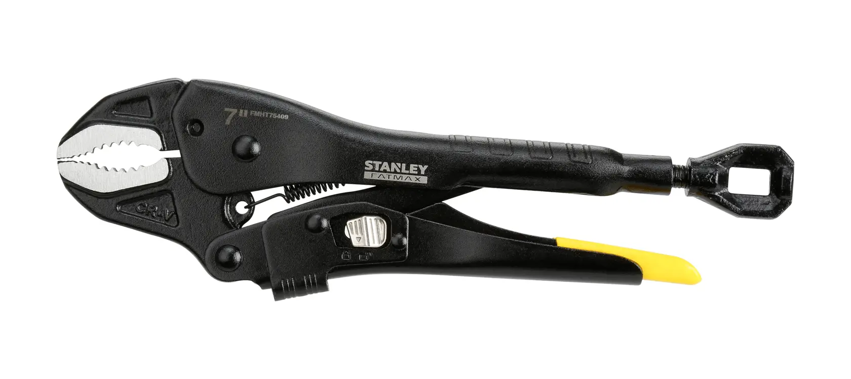 Stanley black locking pliers with curved jaw and yellow handle tip, used for gripping and turning objects.