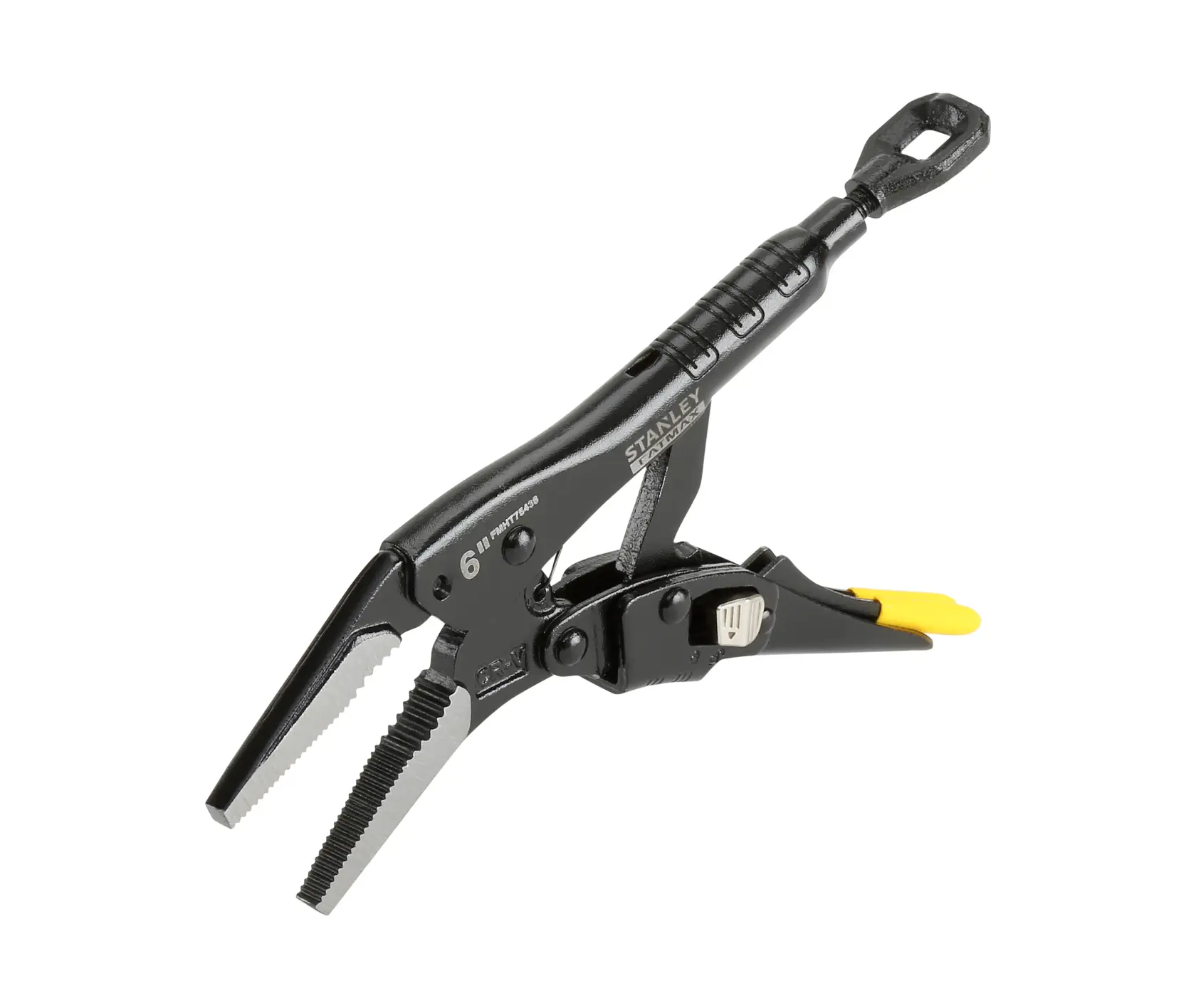 Stanley FMHT0-75438 locking pliers with grooved jaws and adjustment screw, shown on white background.
