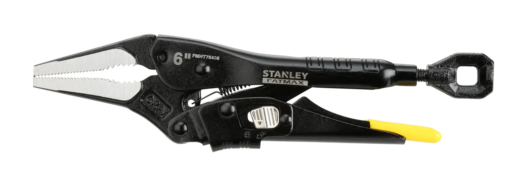 Stanley FatMax black locking pliers with serrated jaws and yellow handle, model FMHT0-75438.