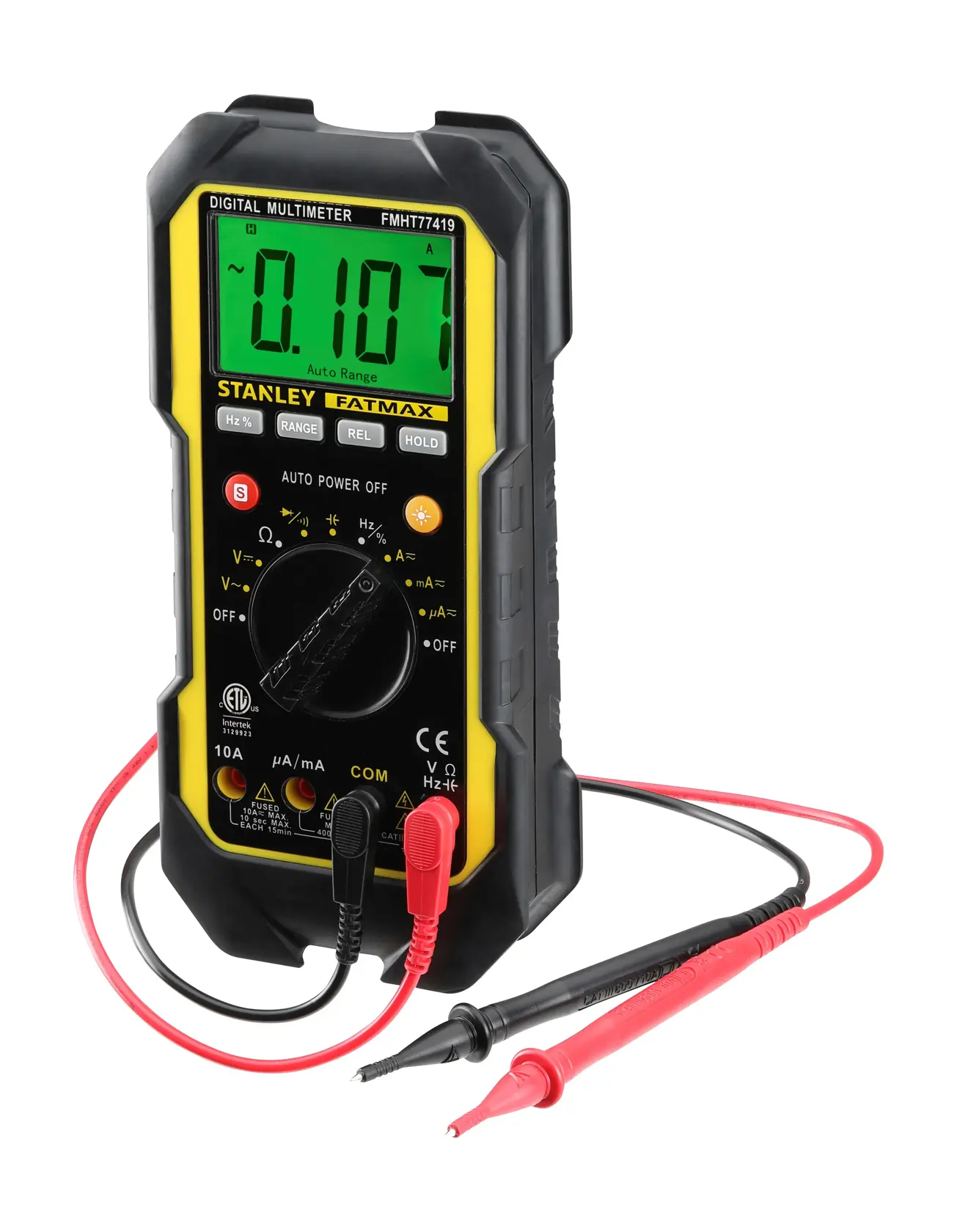 STANLEY FMHT0-77419 digital multimeter with probes, front angle, yellow and black design.