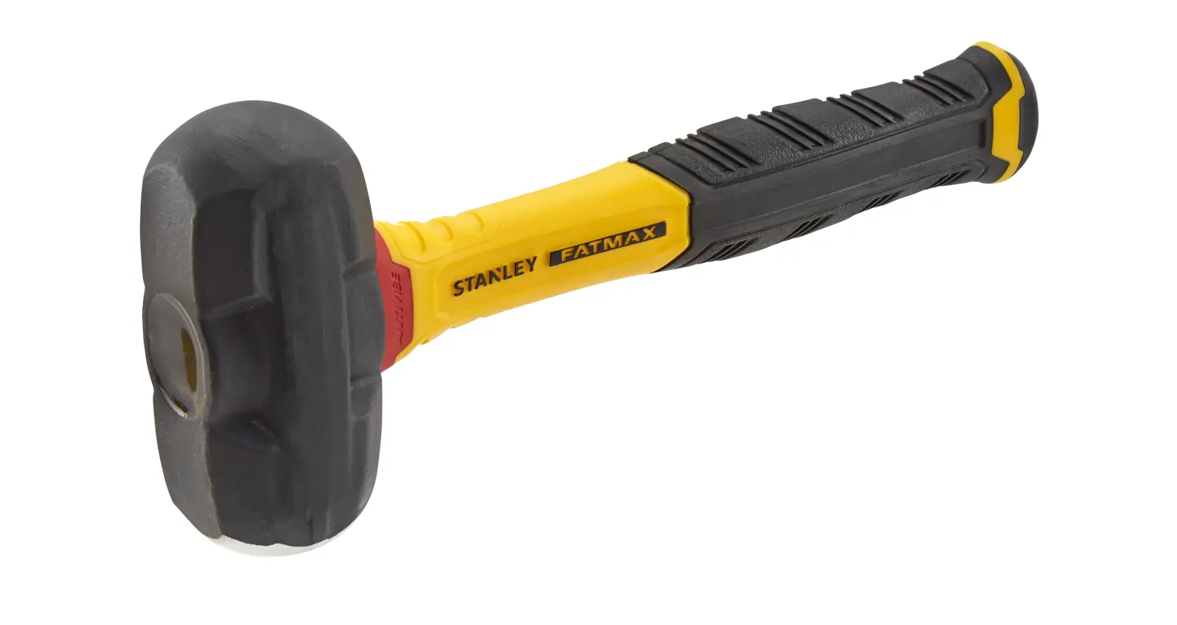Stanley FatMax club hammer with yellow and black handle and solid metal head on white background.
