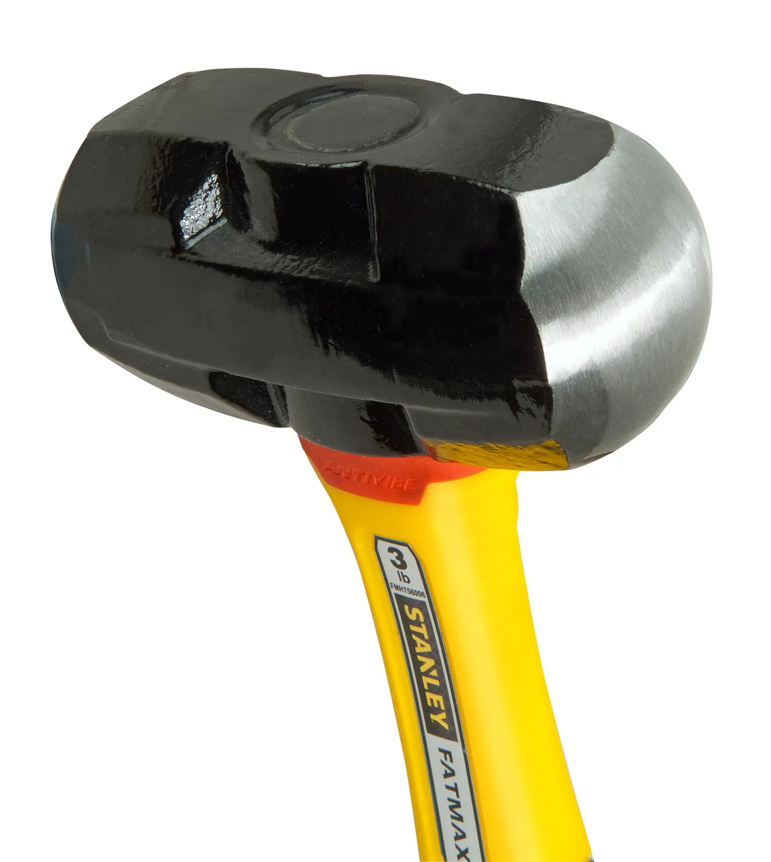 Stanley FatMax hammer with black head and yellow anti-vibe handle, close-up view of tool.
