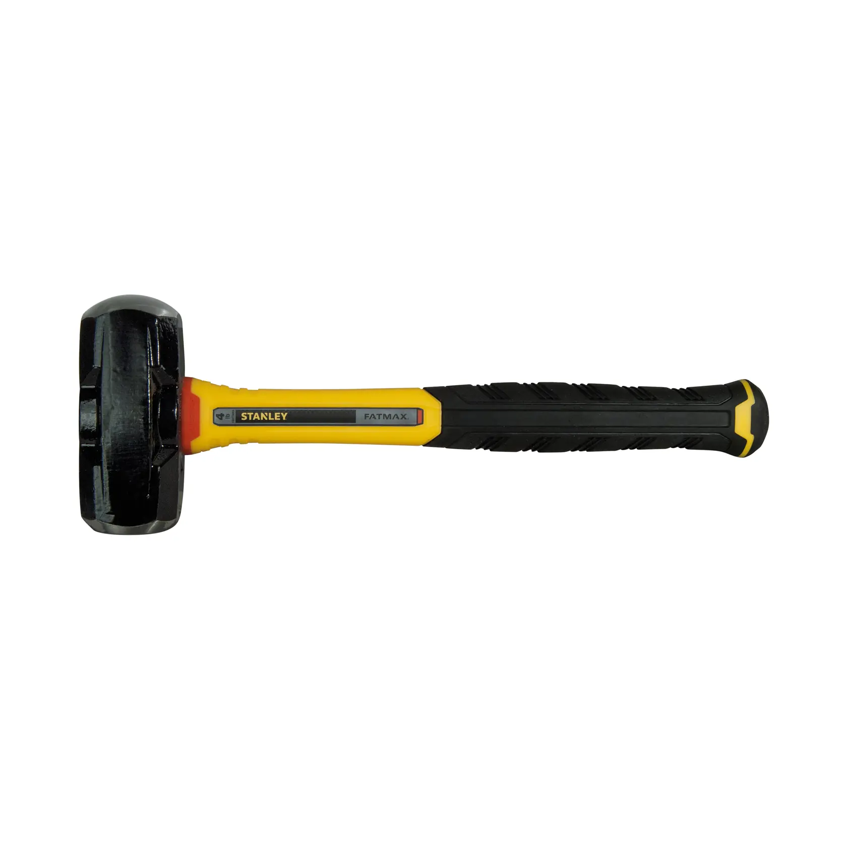 STANLEY FMHT1-56008 sledgehammer with black forged head and yellow and black handle, side view, white background.
