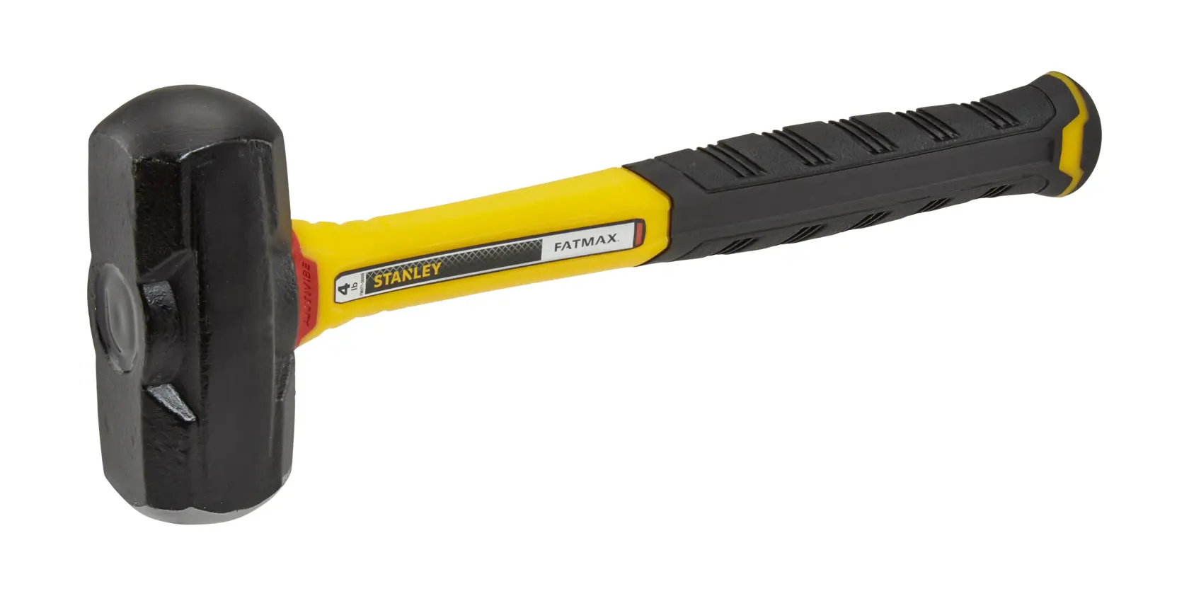 STANLEY FMHT1-56009 club hammer with black head, yellow and black grip handle, side angle on white background.