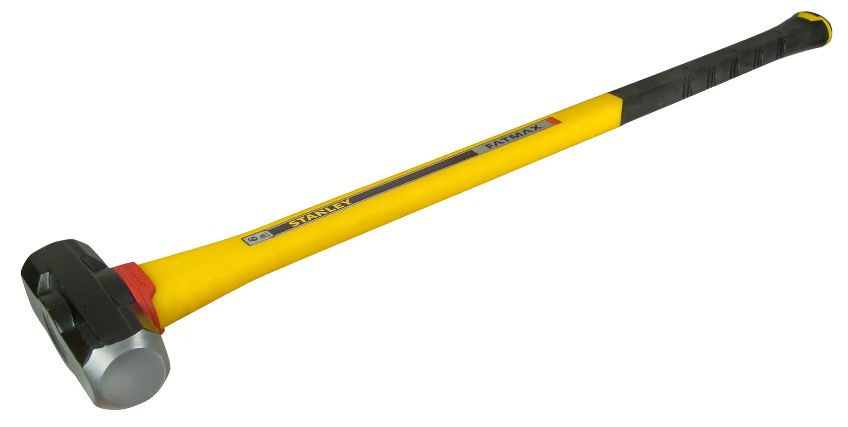 Photo of STANLEY FMHT1-56010 sledgehammer with yellow fiberglass handle, angled on white background.