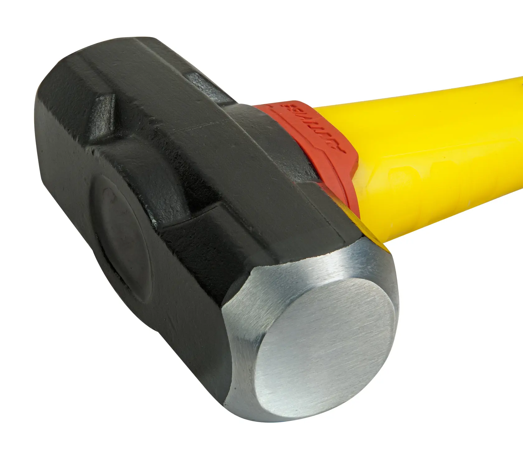 Close-up of a STANLEY sledgehammer with a black head and yellow handle.