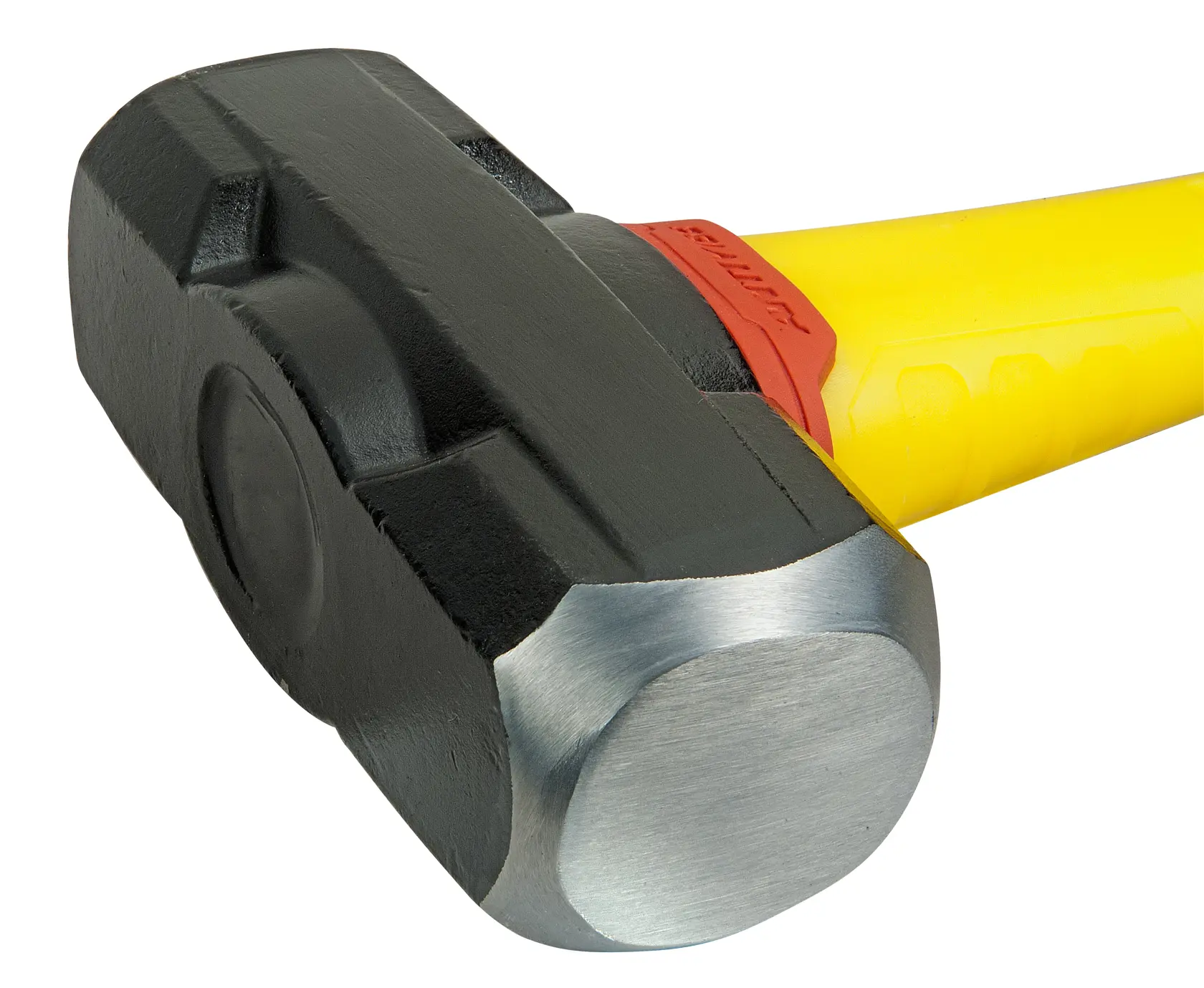 Close-up of a black and silver sledgehammer head with a yellow handle and red accent.