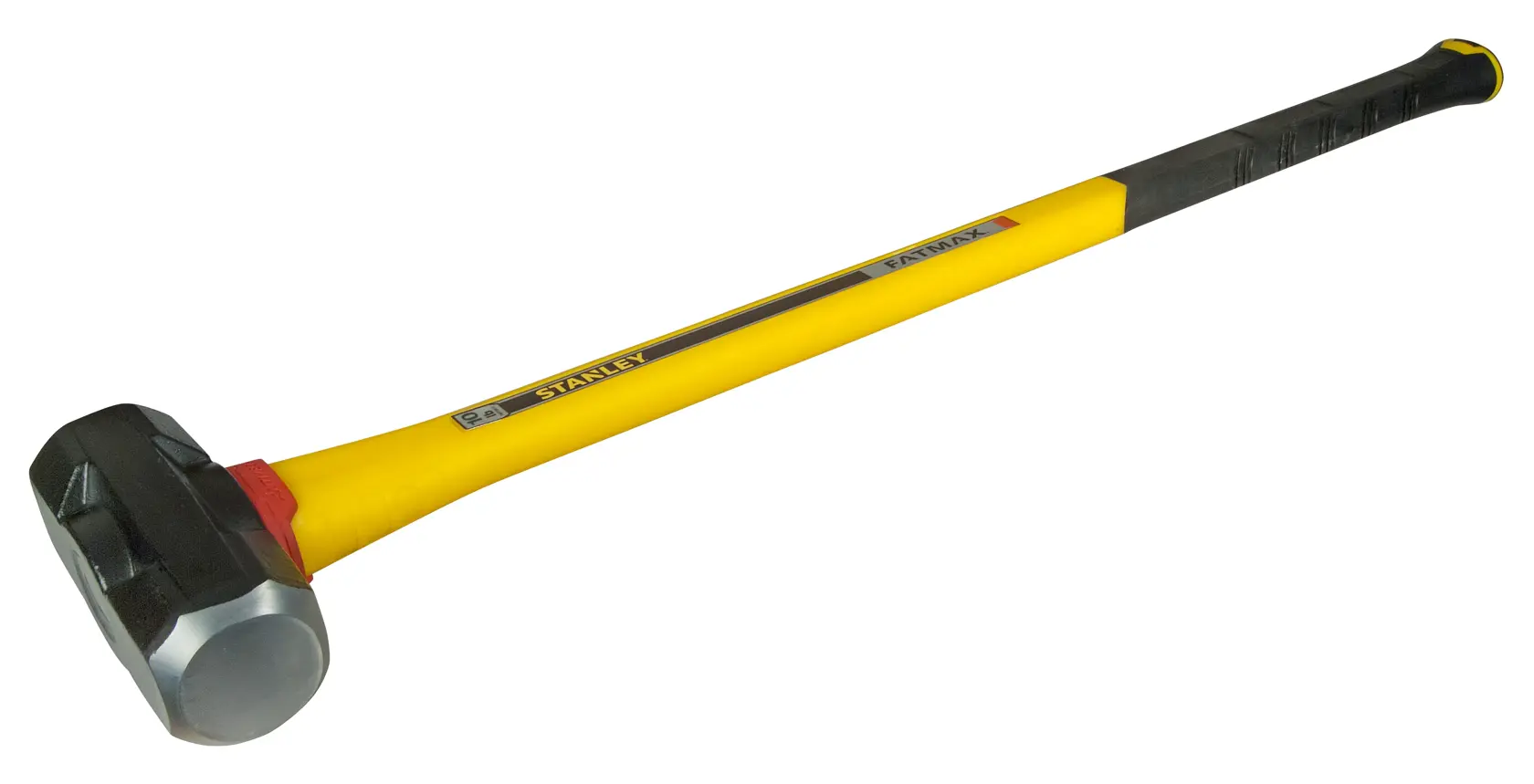 Yellow-handled Stanley sledgehammer with black rubber grip, metal head, angled view on white background.