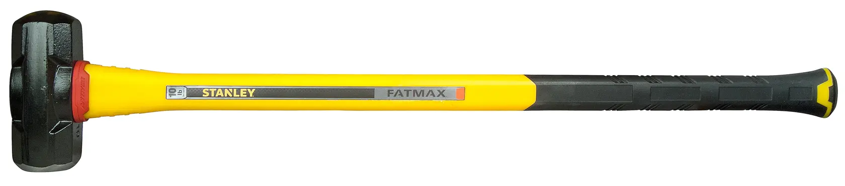 STANLEY FMHT1-56019 sledgehammer with yellow and black fiberglass handle, side view on white background.