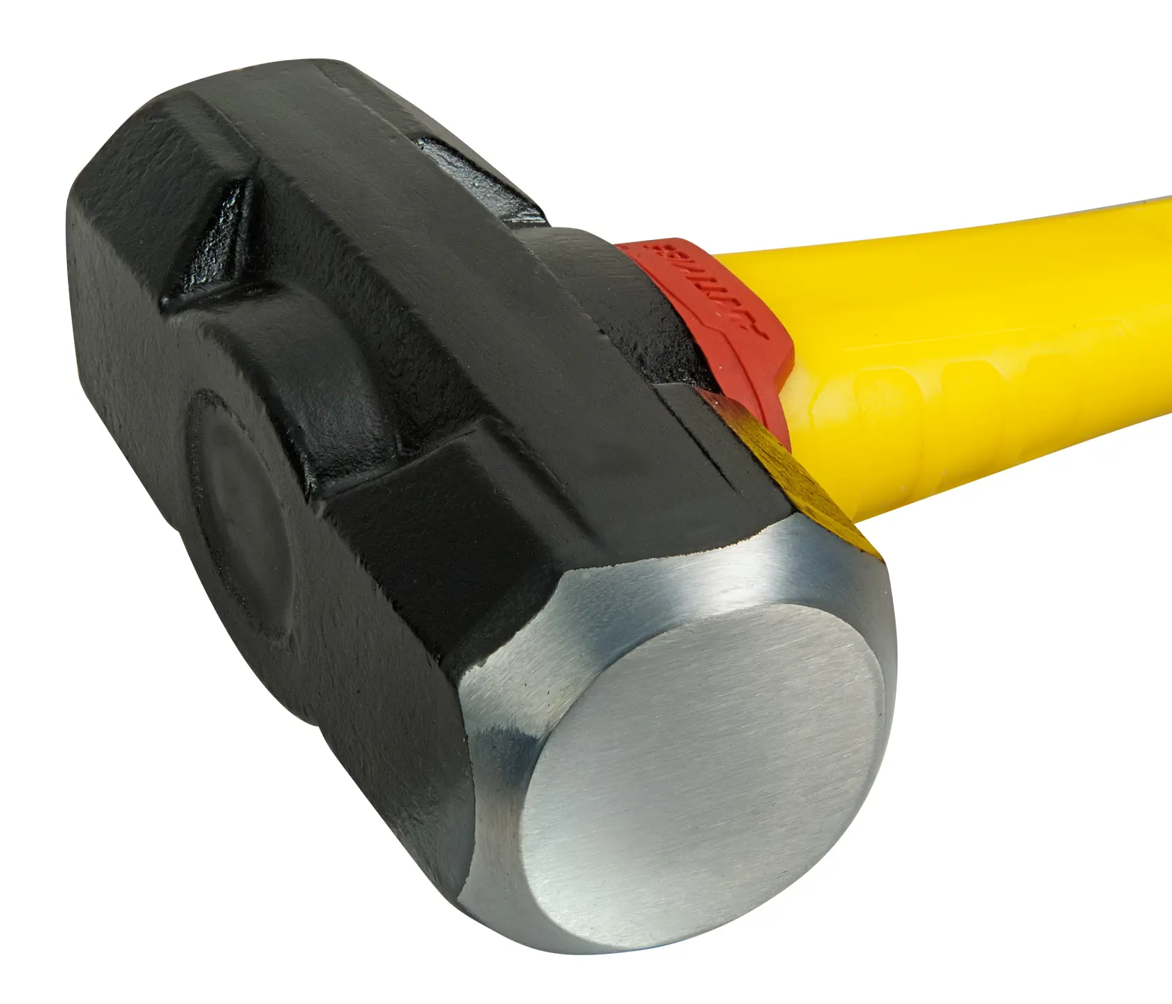 STANLEY FMHT1-56019 sledgehammer with black steel head and yellow handle, close-up on white background.