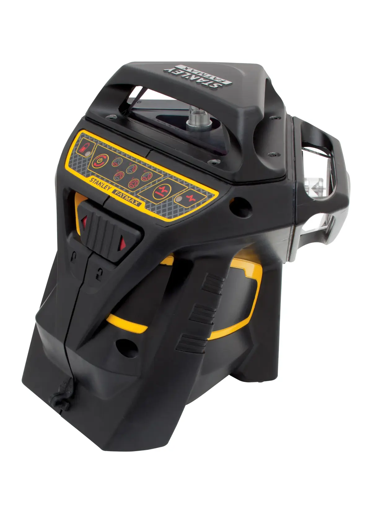 STANLEY FMHT1-77357 photography laser level, black and yellow, angled front view.