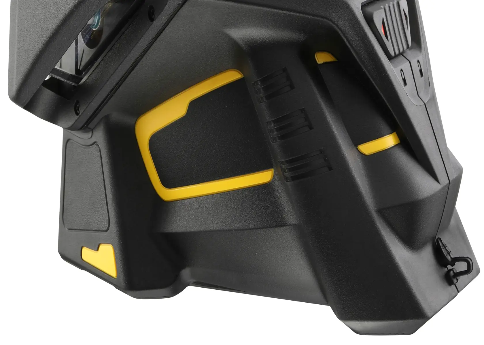 STANLEY FMHT1-77357 photography of a black and yellow device housing, close-up angled view.