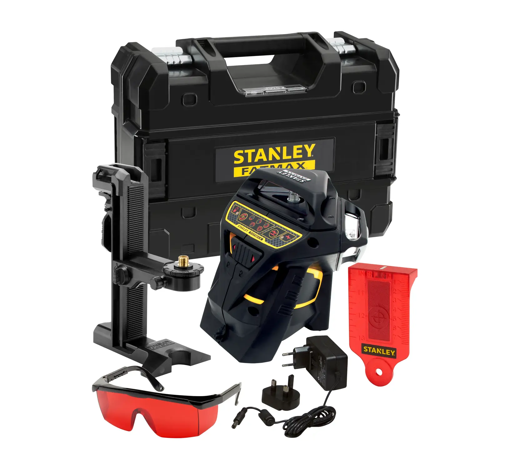 Stanley FMHT1-77357 rotary laser level in black and yellow for precise leveling and alignment tasks.