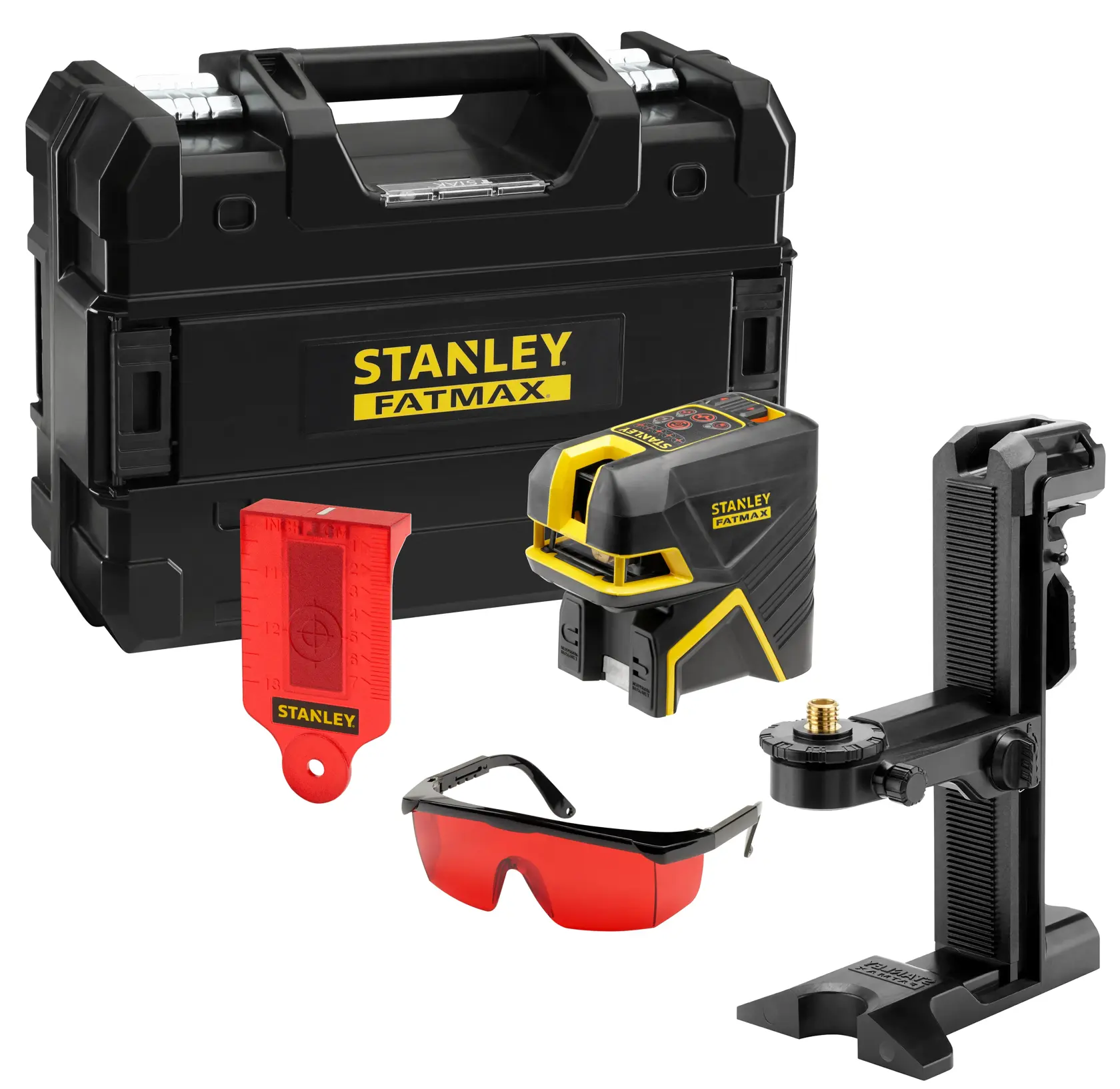 Stanley FatMax laser level in black and yellow, used for precise measurements in photography and construction.