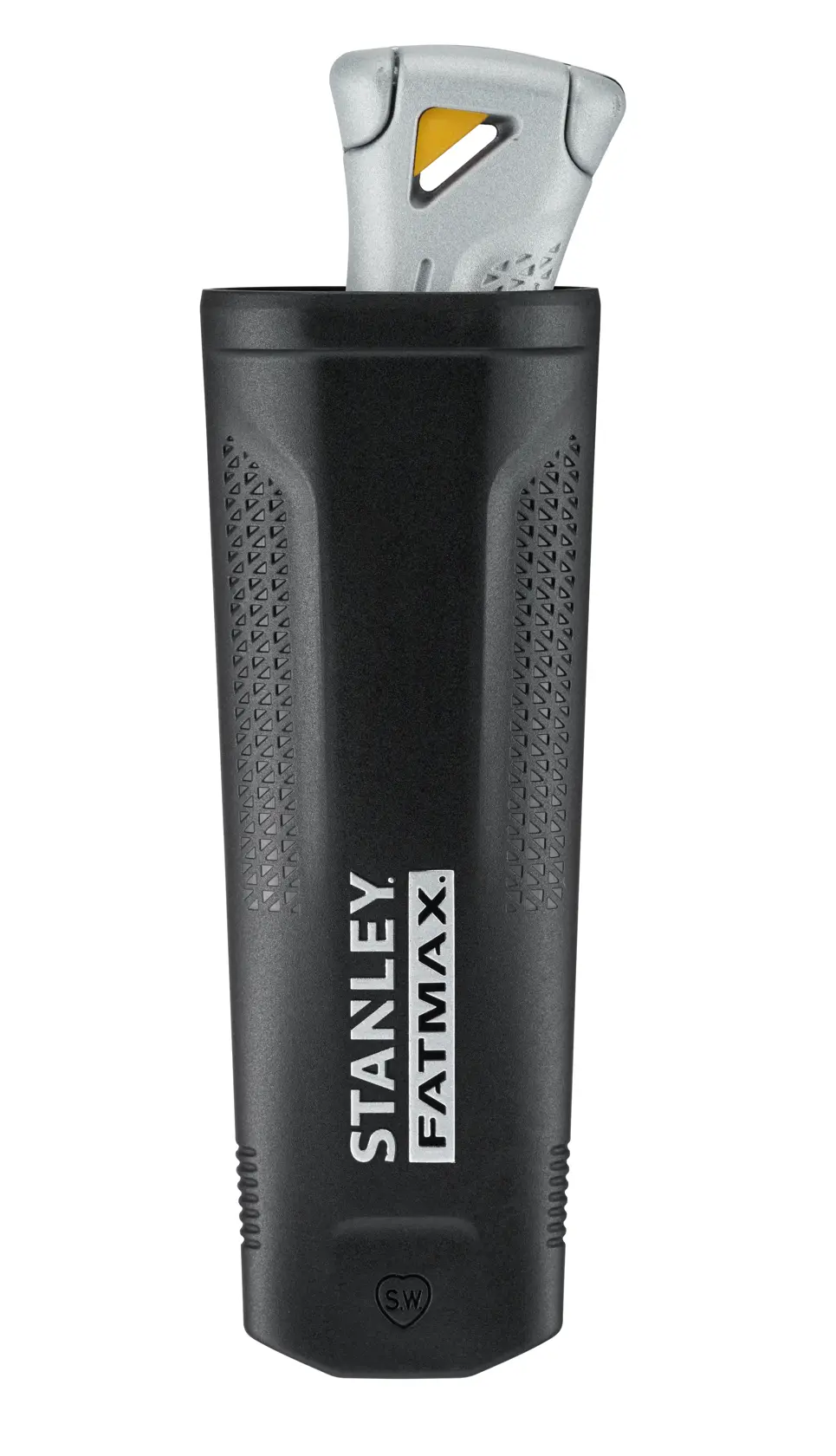 STANLEY FMHT10501-0 utility knife with black textured sheath, front angle on white background.