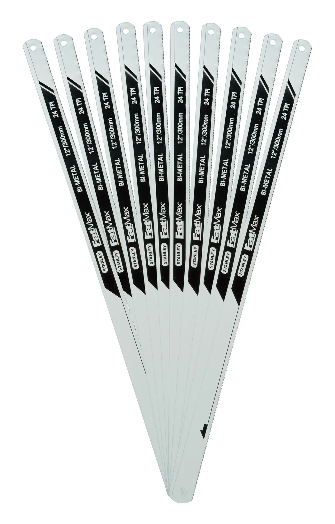 Set of eight STANLEY bi-metal hacksaw blades, 12-inch length, arranged in a fan shape.