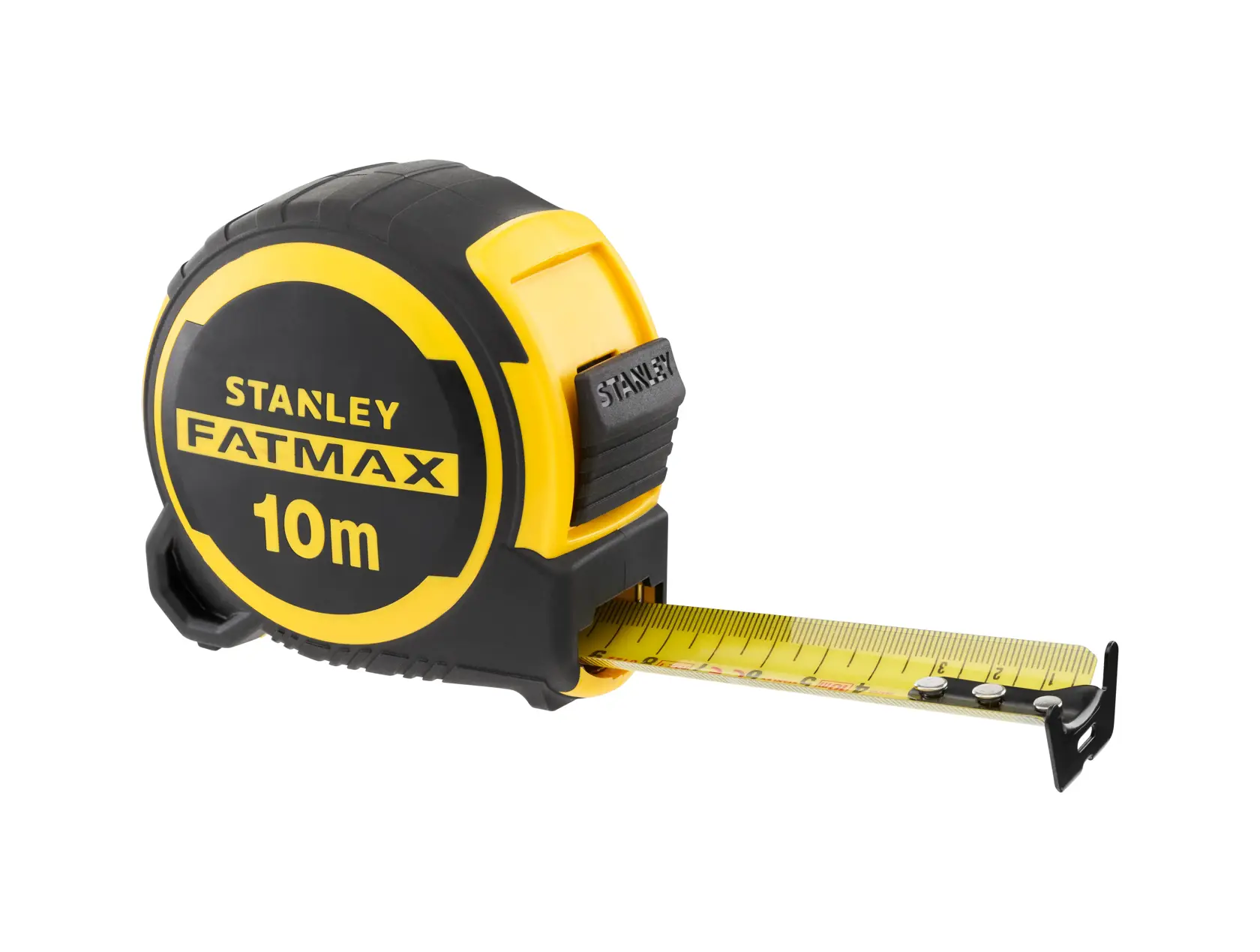 Stanley FatMax 10m yellow and black tape measure with partially extended metal blade.
