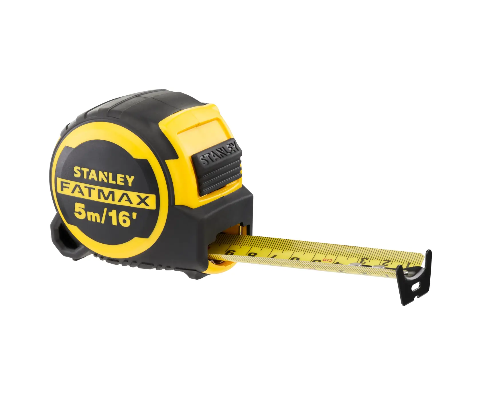 Stanley FATMAX tape measure with yellow casing and extended blade showing metric and imperial units.