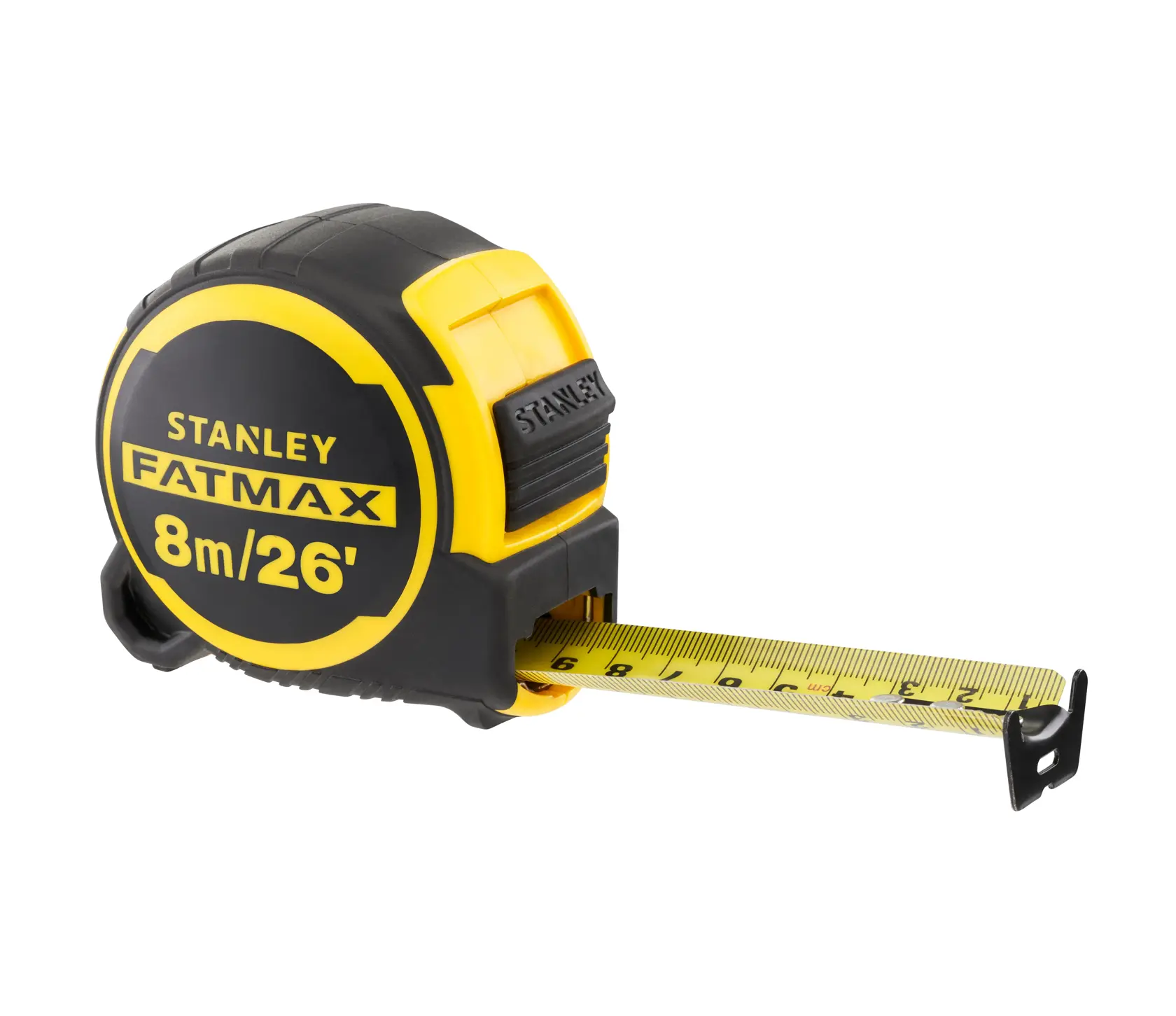 Stanley FatMax tape measure with yellow and black casing, extended measuring tape, 8m/26ft length.