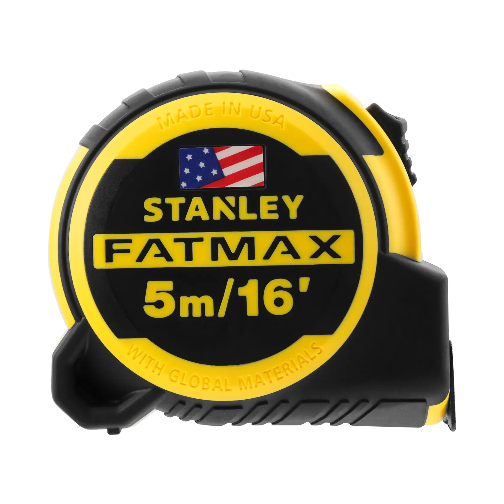 Photo of STANLEY FMHT36317-0 FATMAX 5m/16' black and yellow tape measure, front view, white background.