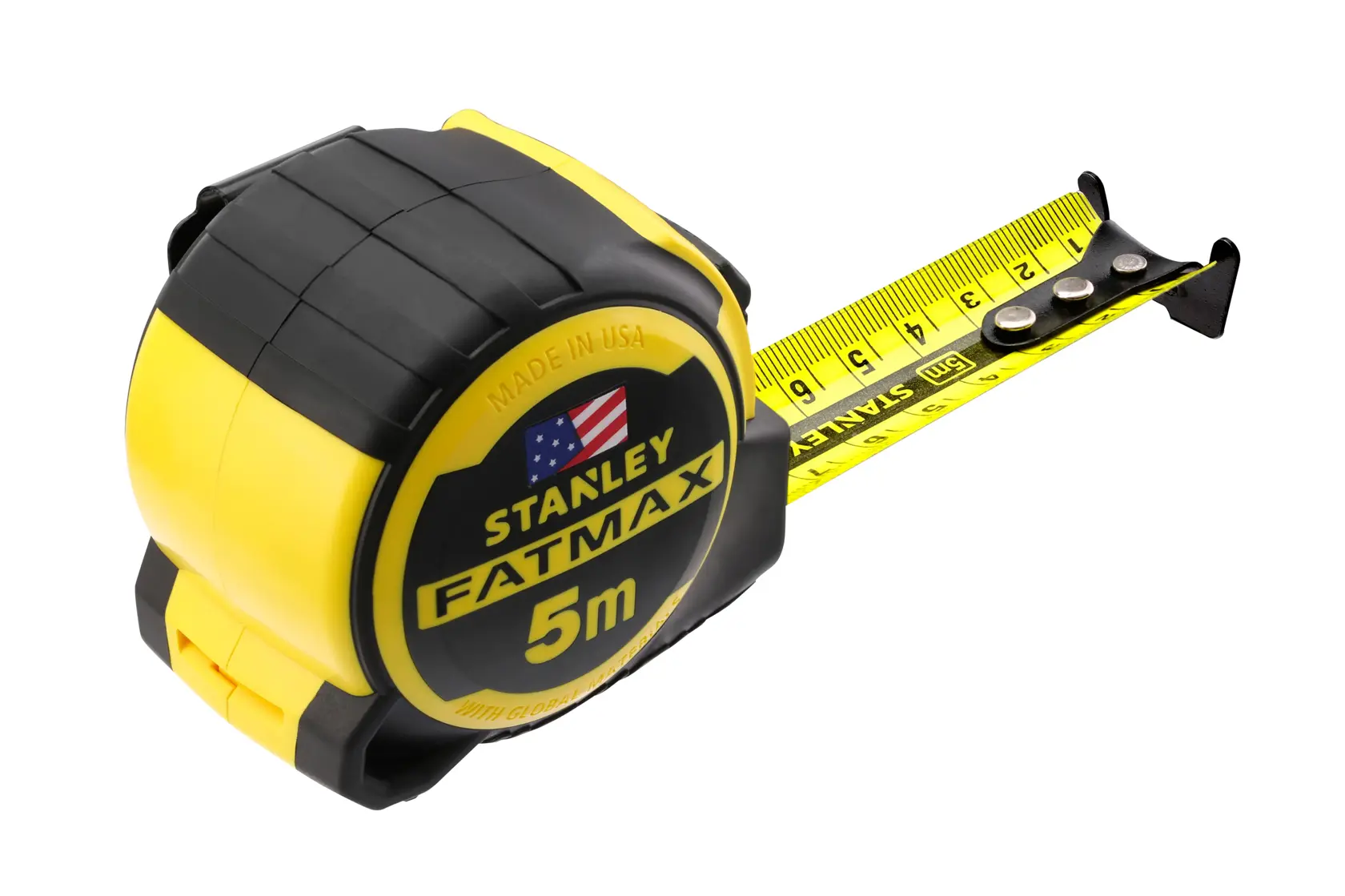 STANLEY FMHT36318-0 tape measure, 5m, yellow and black, side angle, extended metric tape.