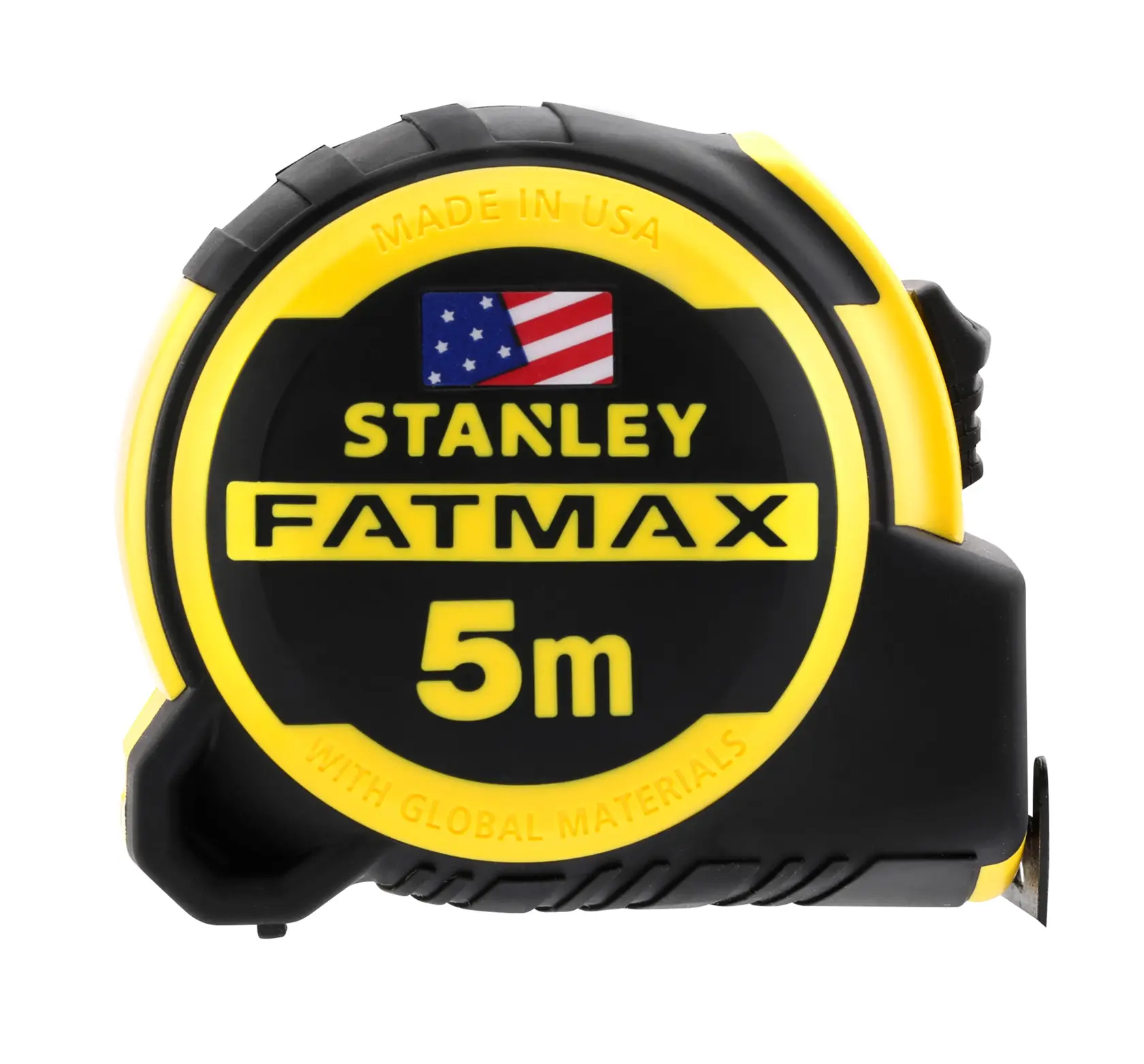 STANLEY FMHT36318-0 tape measure, FATMAX model, 5 meter length, black and yellow, front view on white background.