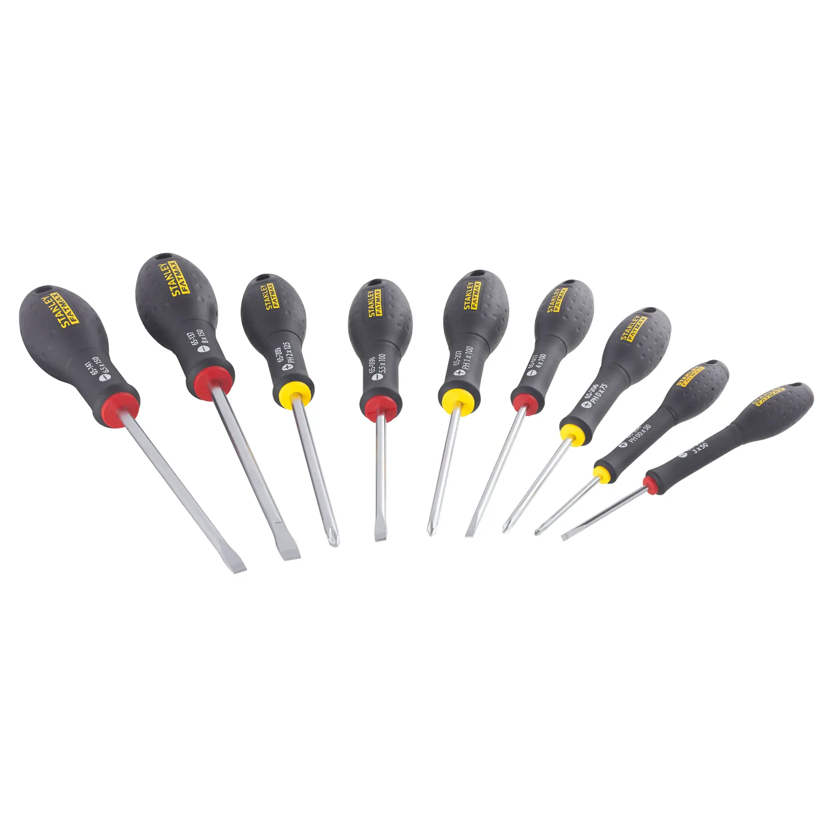 Stanley set of eight screwdrivers with black and yellow handles, arranged in a row on a white background.
