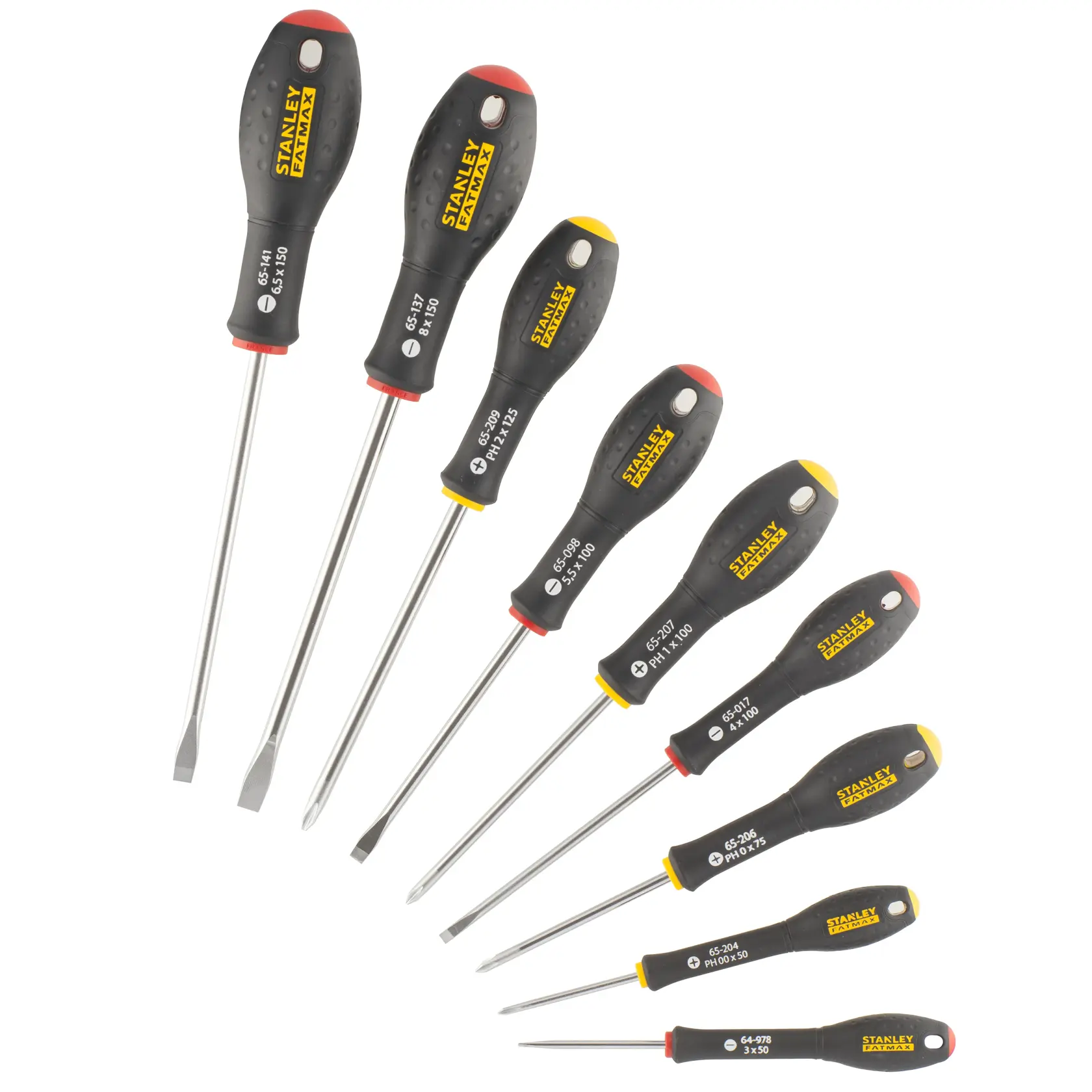 Stanley set of eight screwdrivers with black and yellow handles, arranged in a fan shape on white background.