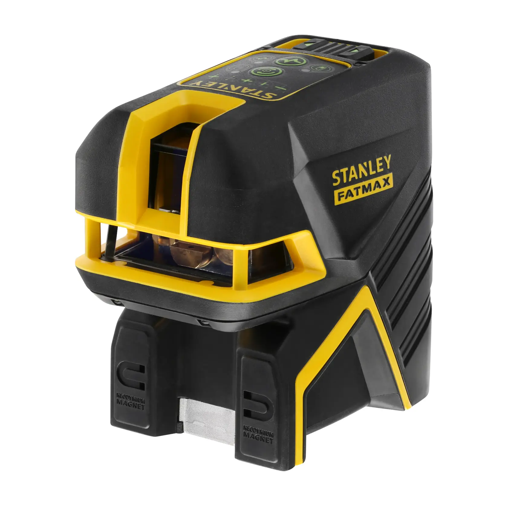 STANLEY FMHT77597-1 cross line laser level, black and yellow, angled view on white background.