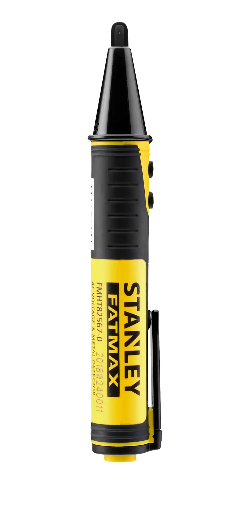 STANLEY FMHT82567-0 yellow and black voltage tester, front angle on white background.