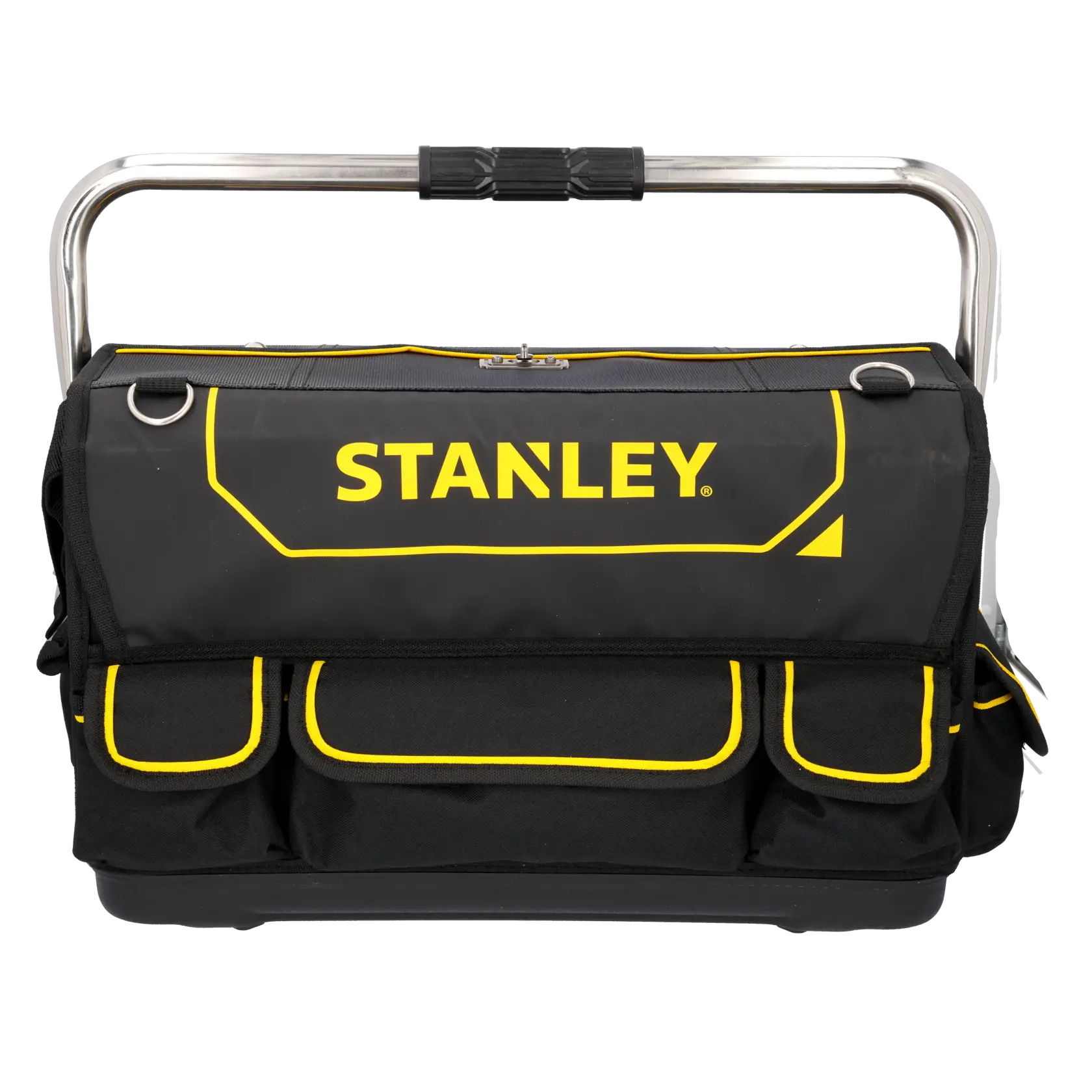STANLEY FMST1-70719 tool bag, black with yellow trim, front angle, metal handle, multiple pockets.