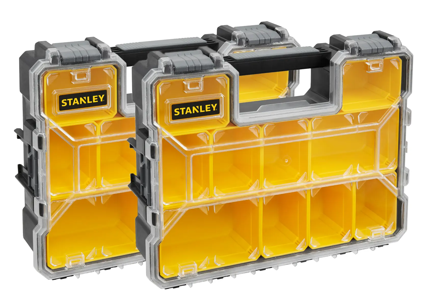 STANLEY FMST1-70740 yellow and clear plastic organizer cases with handle, front angle, photography