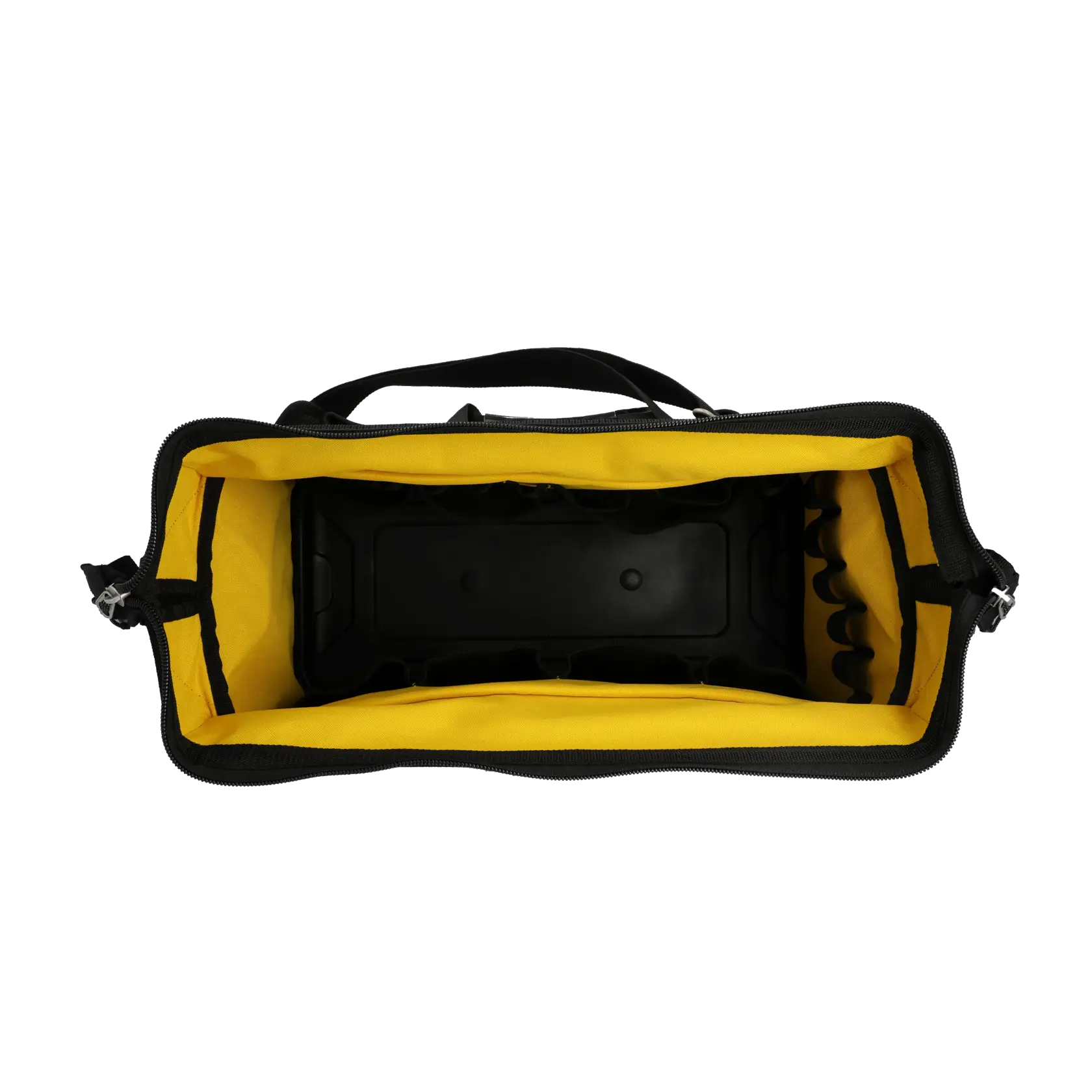 Stanley FATMAX black and yellow tool bag with handles, multiple pockets and zip closure.