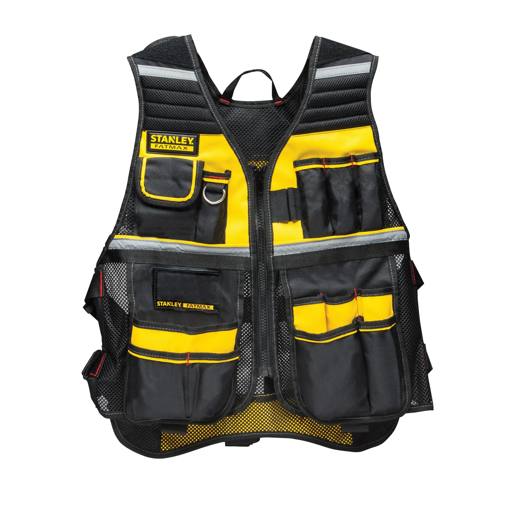 STANLEY FMST1-71181 tool vest with yellow and black pockets, front angle, white background.