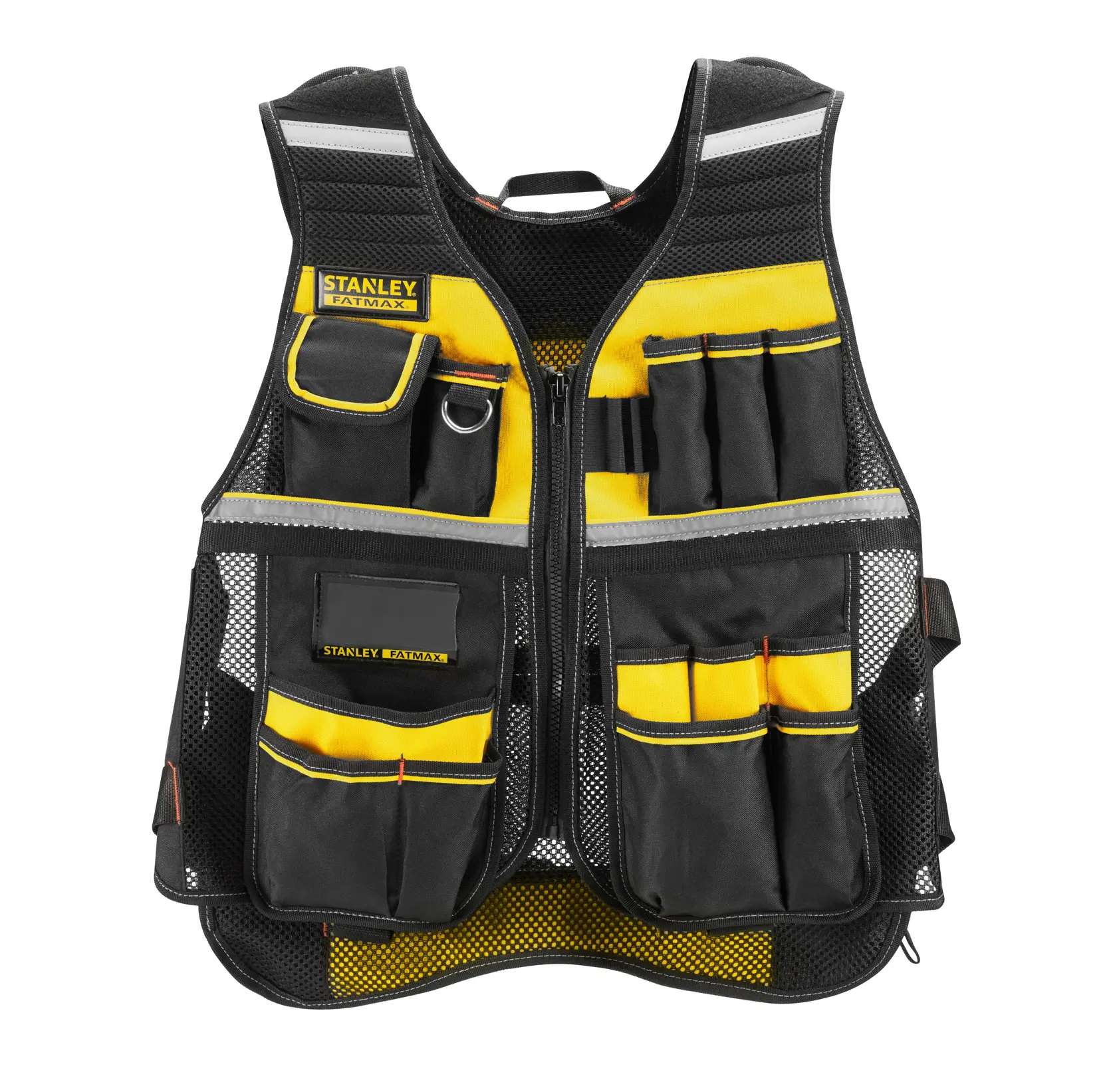 STANLEY FMST1-71181 tool vest, black and yellow mesh, front view, multiple pockets and reflective strips.