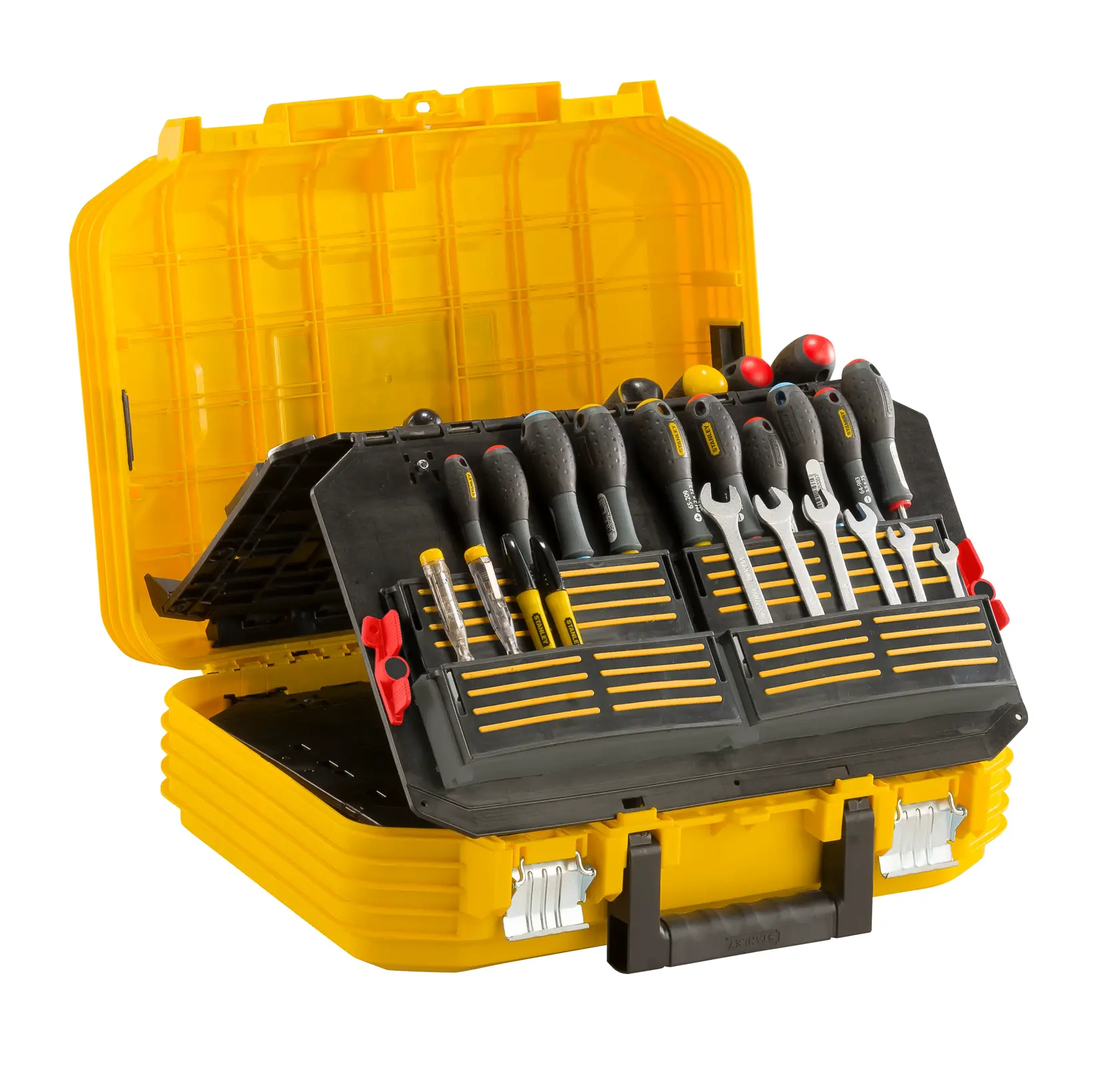 STANLEY FMST1-71943 yellow hard plastic tool case with assorted hand tools, shown open on white background.