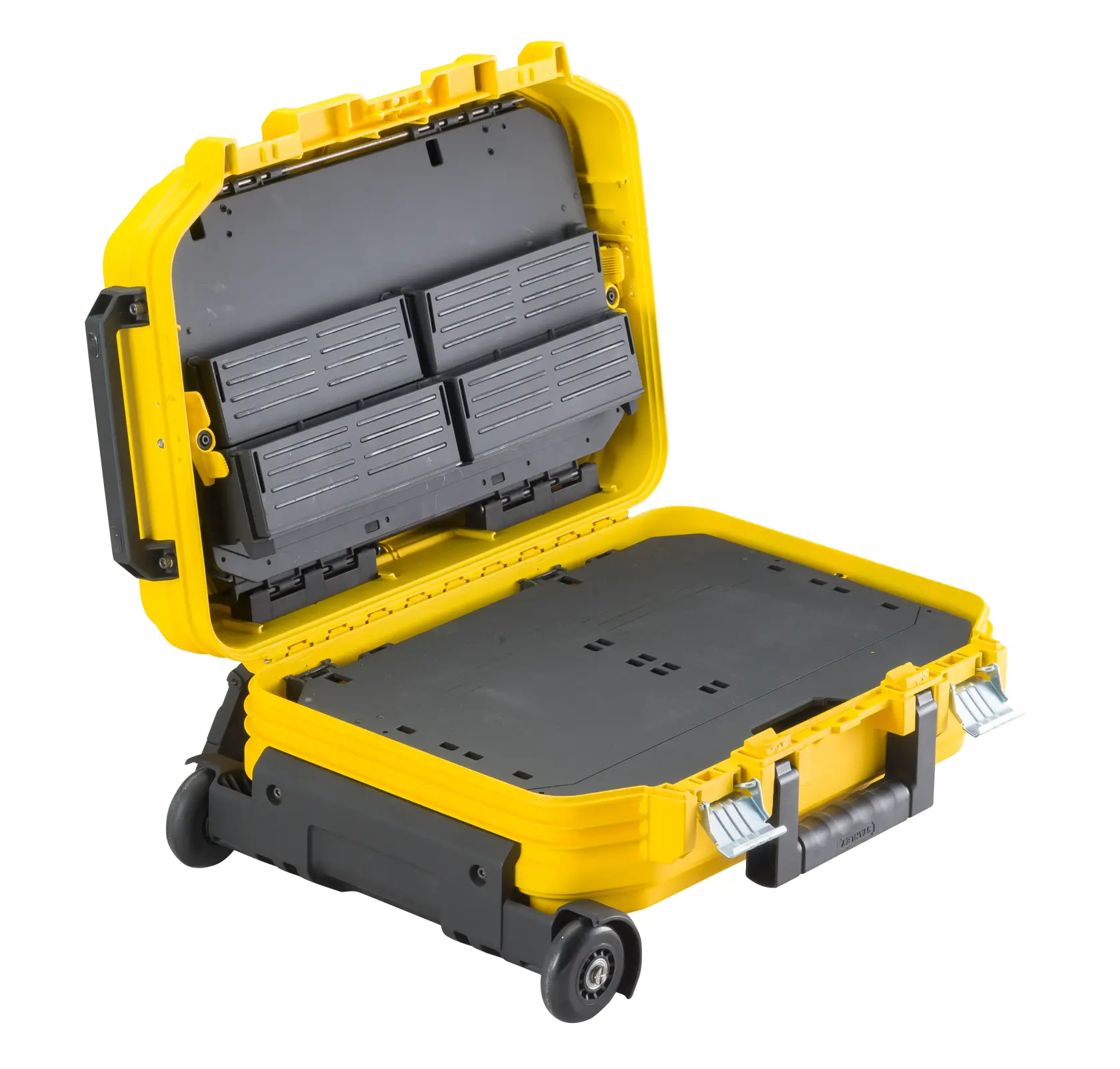 Open yellow STANLEY hard case with black interior, wheels, and compartments for storing photography equipment.