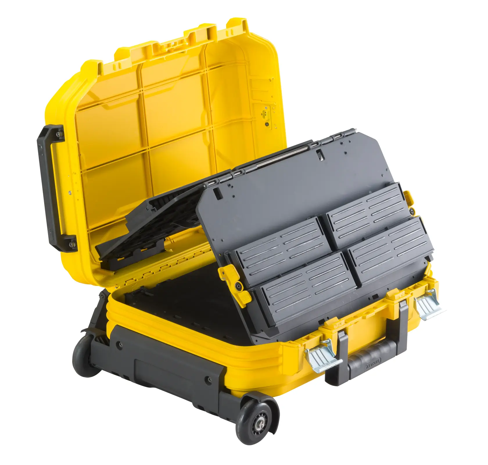 Yellow and black wheeled tool case with open lid and removable organizer trays inside.