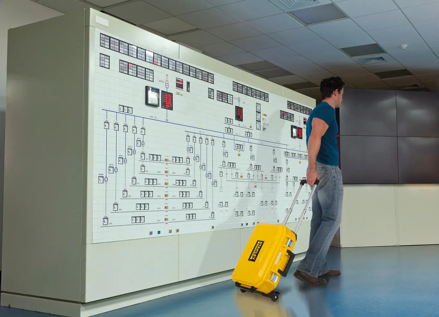 STANLEY FMST1-72383 yellow rolling tool case being pulled in control room, side angle.