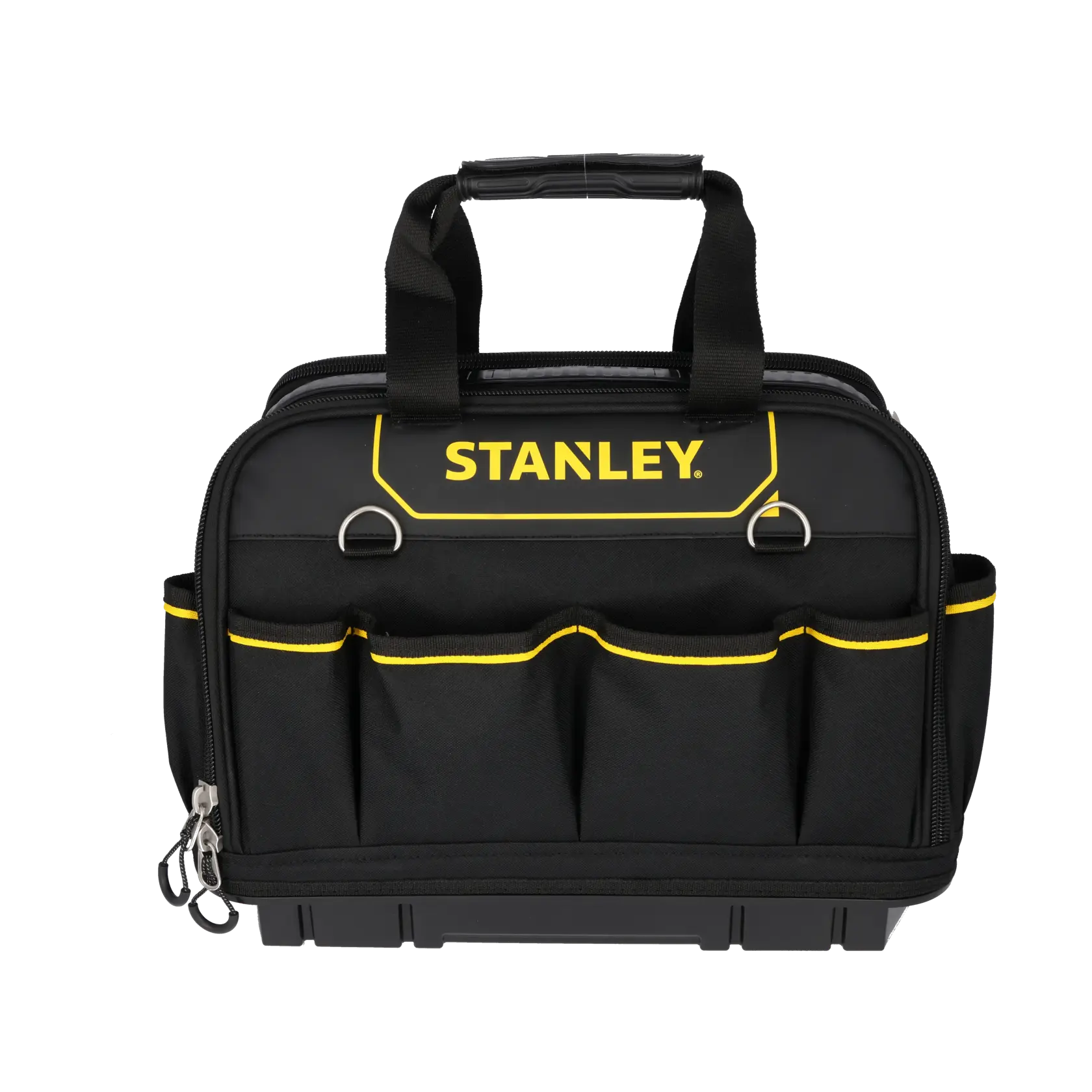 STANLEY FMST1-73607 tool bag, black and yellow, with shoulder strap and multiple exterior pockets, front angle.