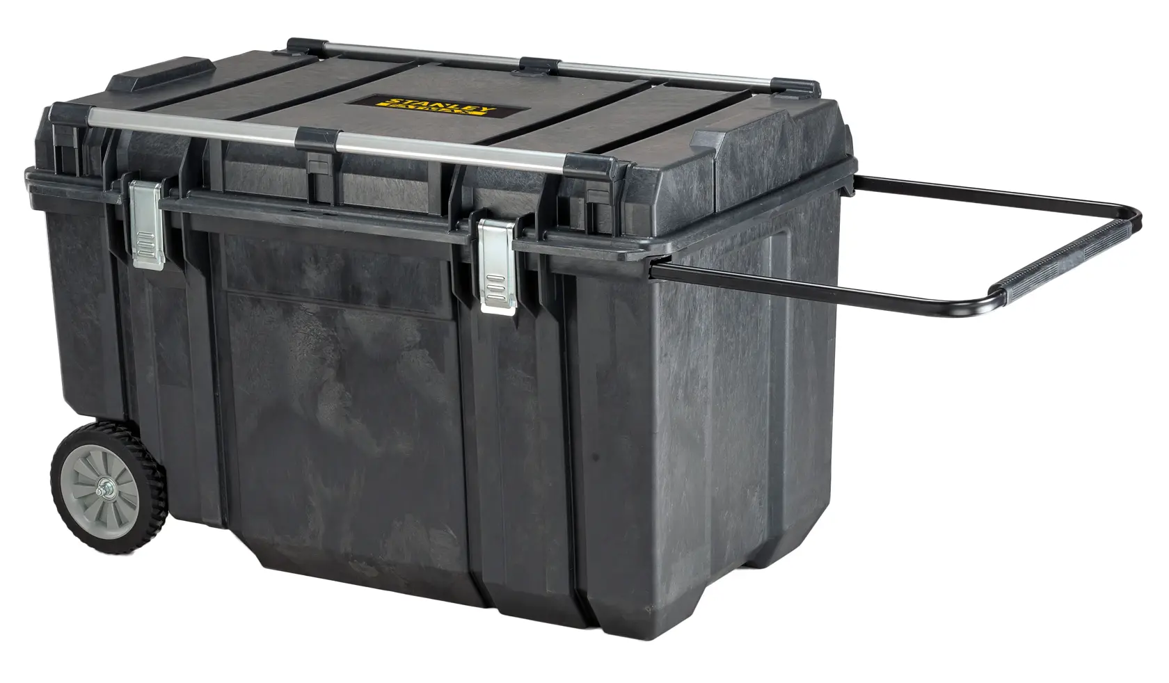 STANLEY FMST1-75531 black rolling toolbox with telescopic handle and sturdy latches, side angle on white background.