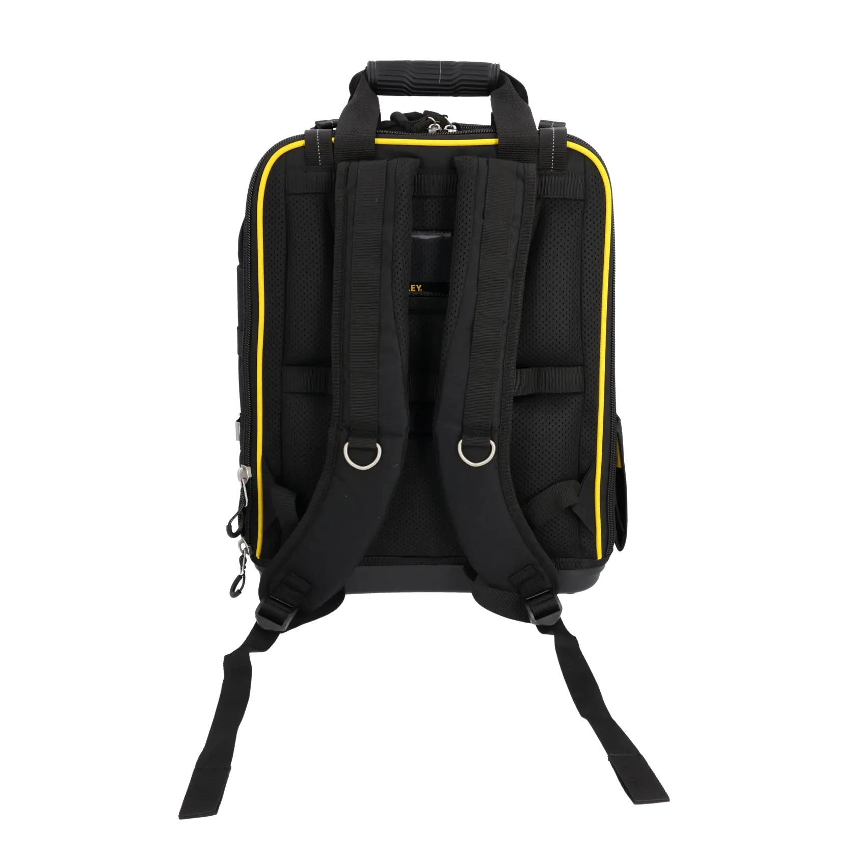 STANLEY FMST1-80144 black tool backpack, rear angle showing padded straps and handle.