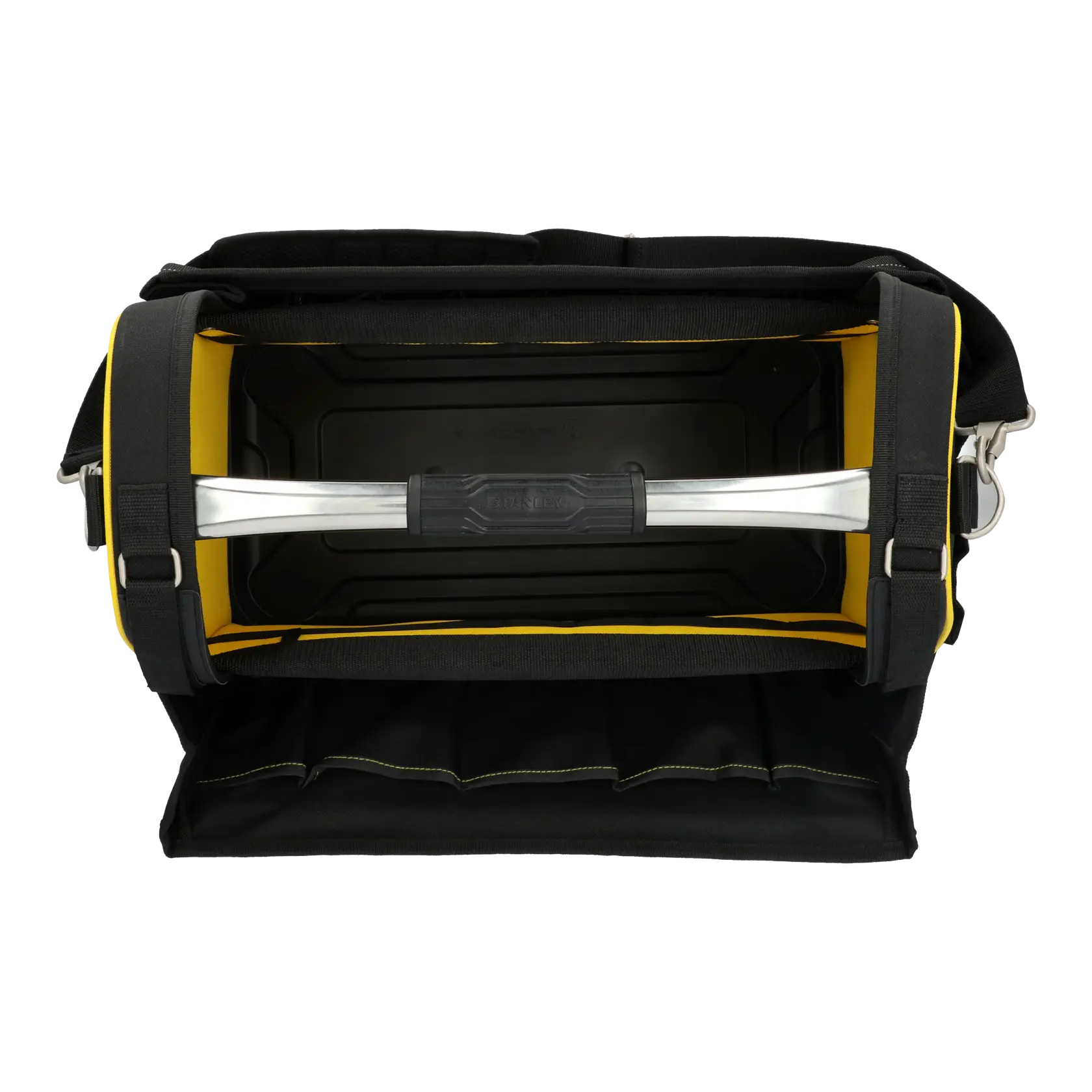 STANLEY FMST1-80146 black and yellow open tool bag with metal handle, front zip pocket, side straps, and hard base, angled view.