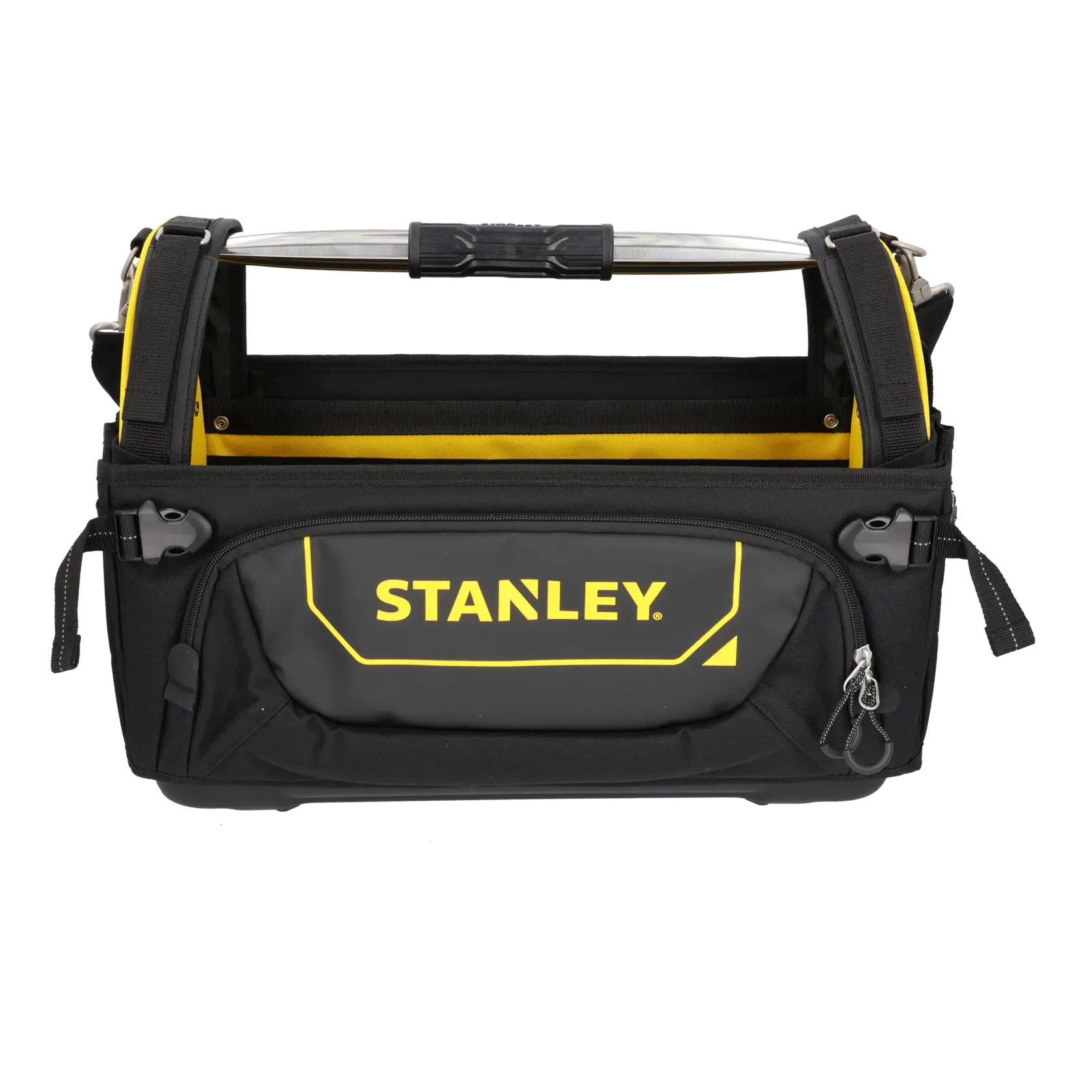 STANLEY FMST1-80146 tool bag filled with assorted hand tools, front angle, black and yellow design.